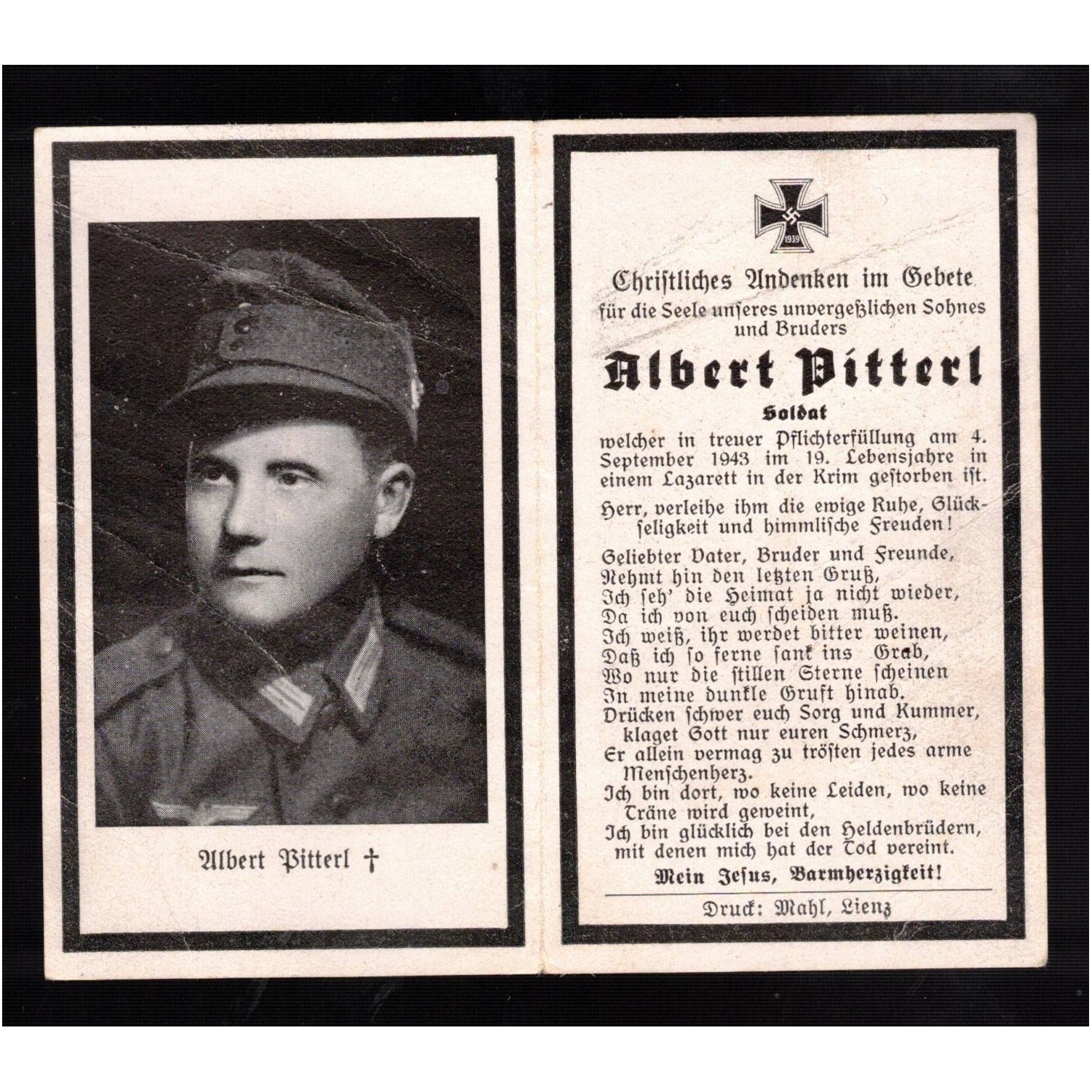 Sterbebilder caduto tedesco morto per ferite di guerra1943
