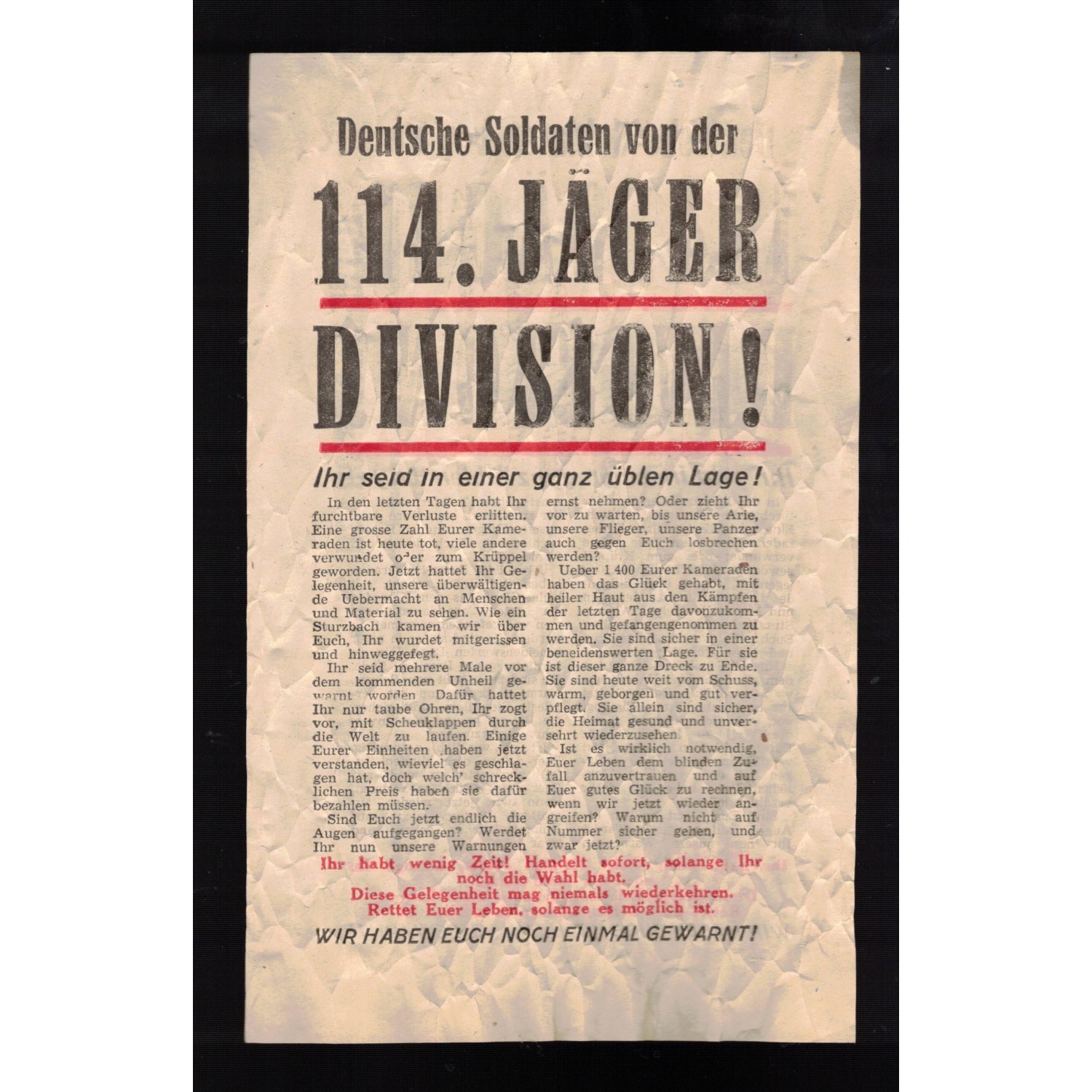 American propaganda leaflet for the surrender of the German army