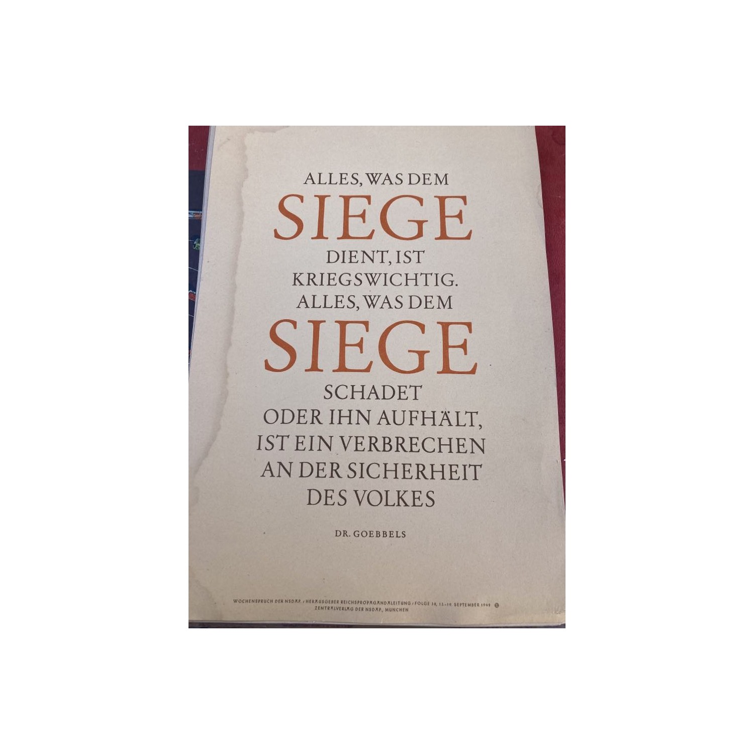 Manifesto Terzo Reich Wochenspruch der NSDAP Settembre 1942