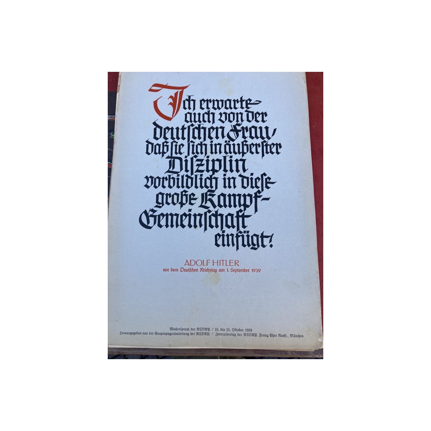 Wochenspruch der NSDAP  Zentralverlag der NSDAP , Ottobre 1939