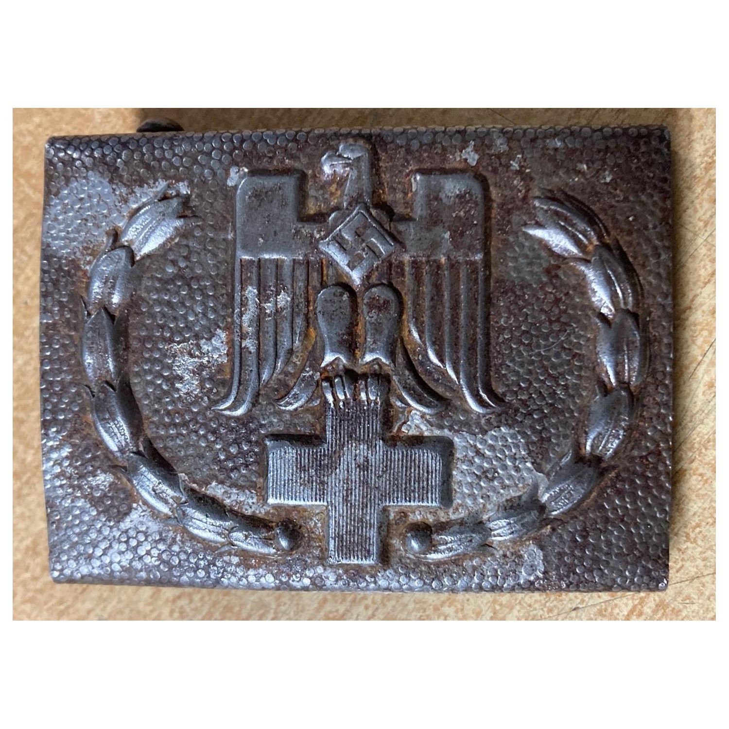 DRK German Red Cross buckle 1934 1945 iron model, rare variant with larger cross and raised eagle.