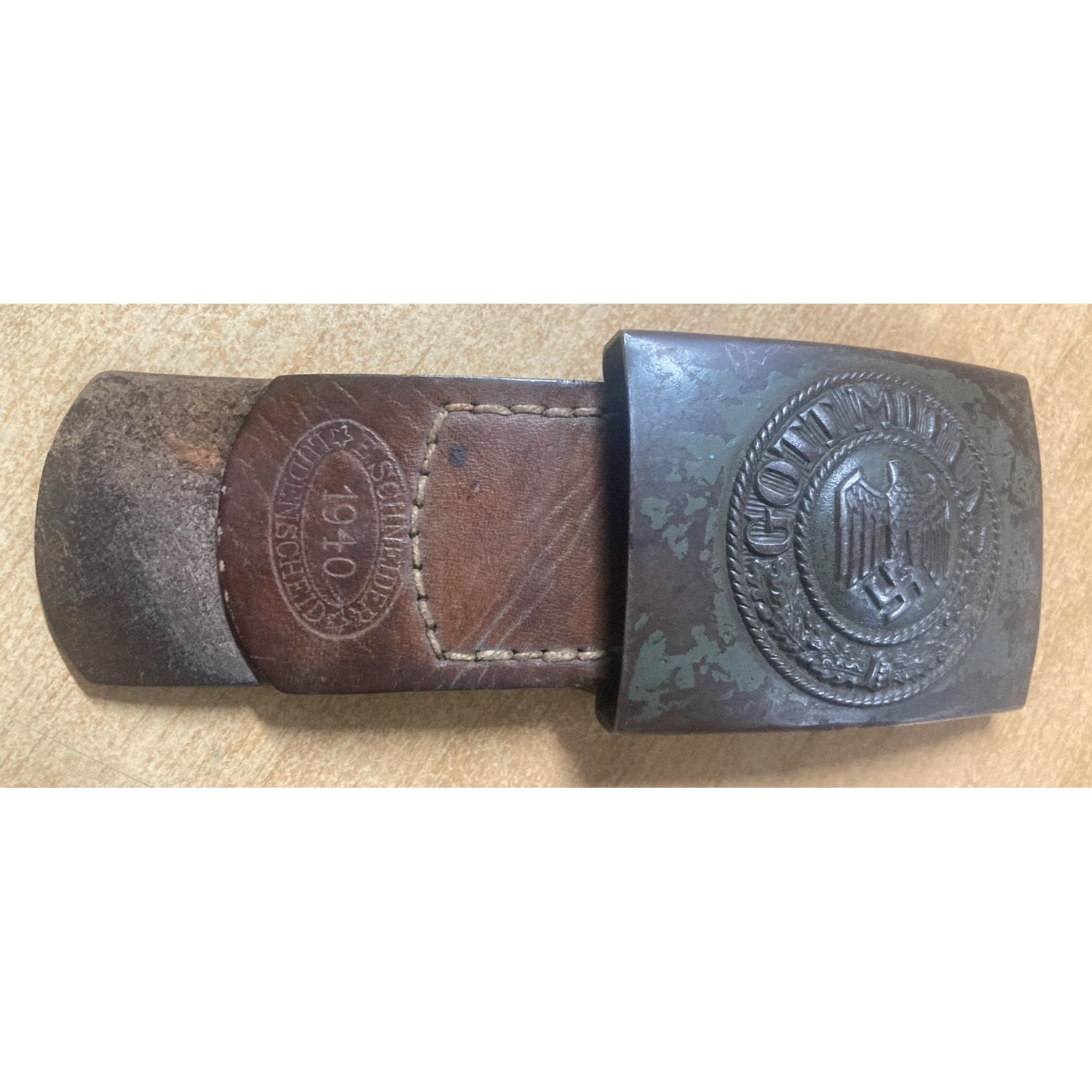 Fibbia Heer WH in ferro 1940 completa di pattina in cuoio