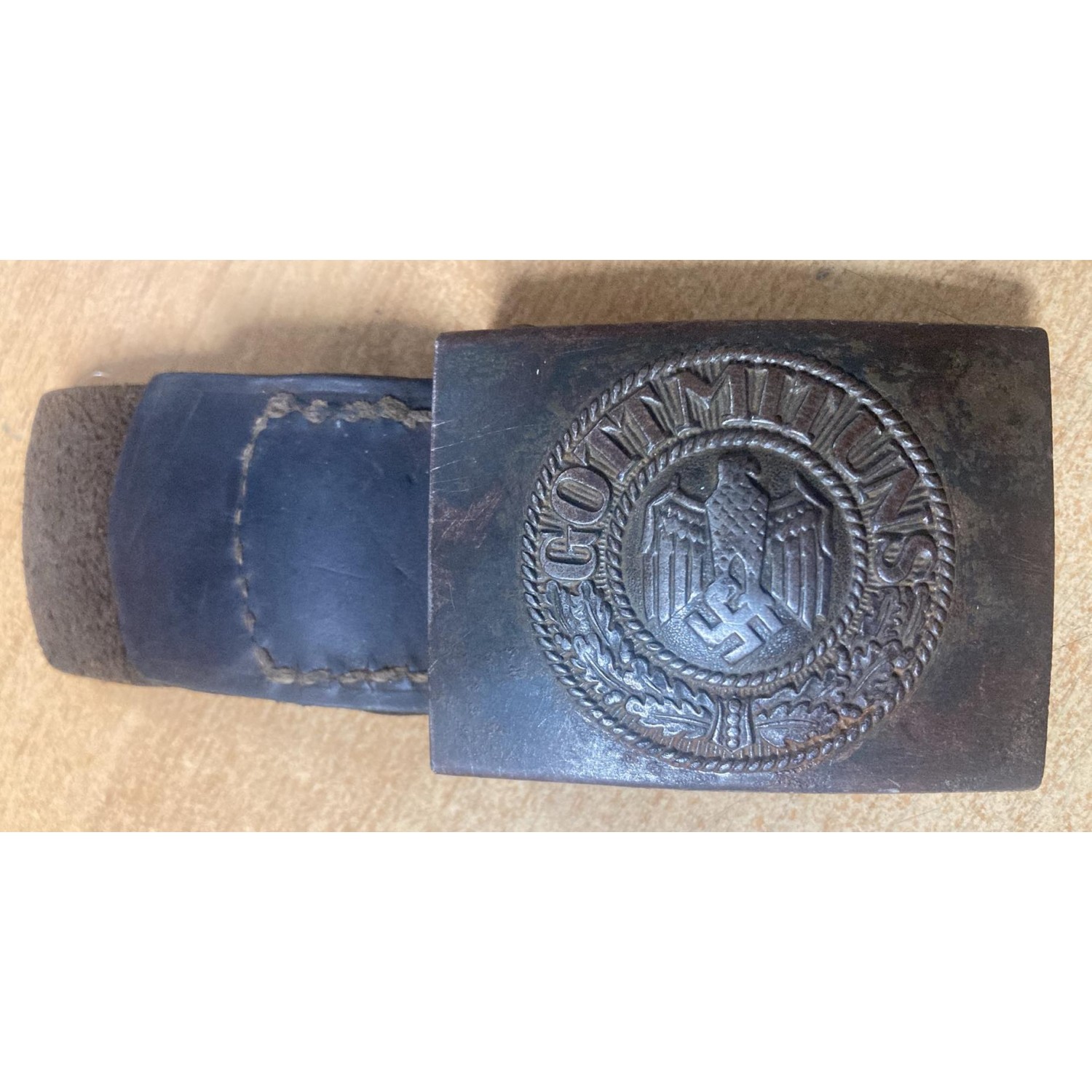 Heer WH iron buckle complete with leather flap, illegible manufacturer