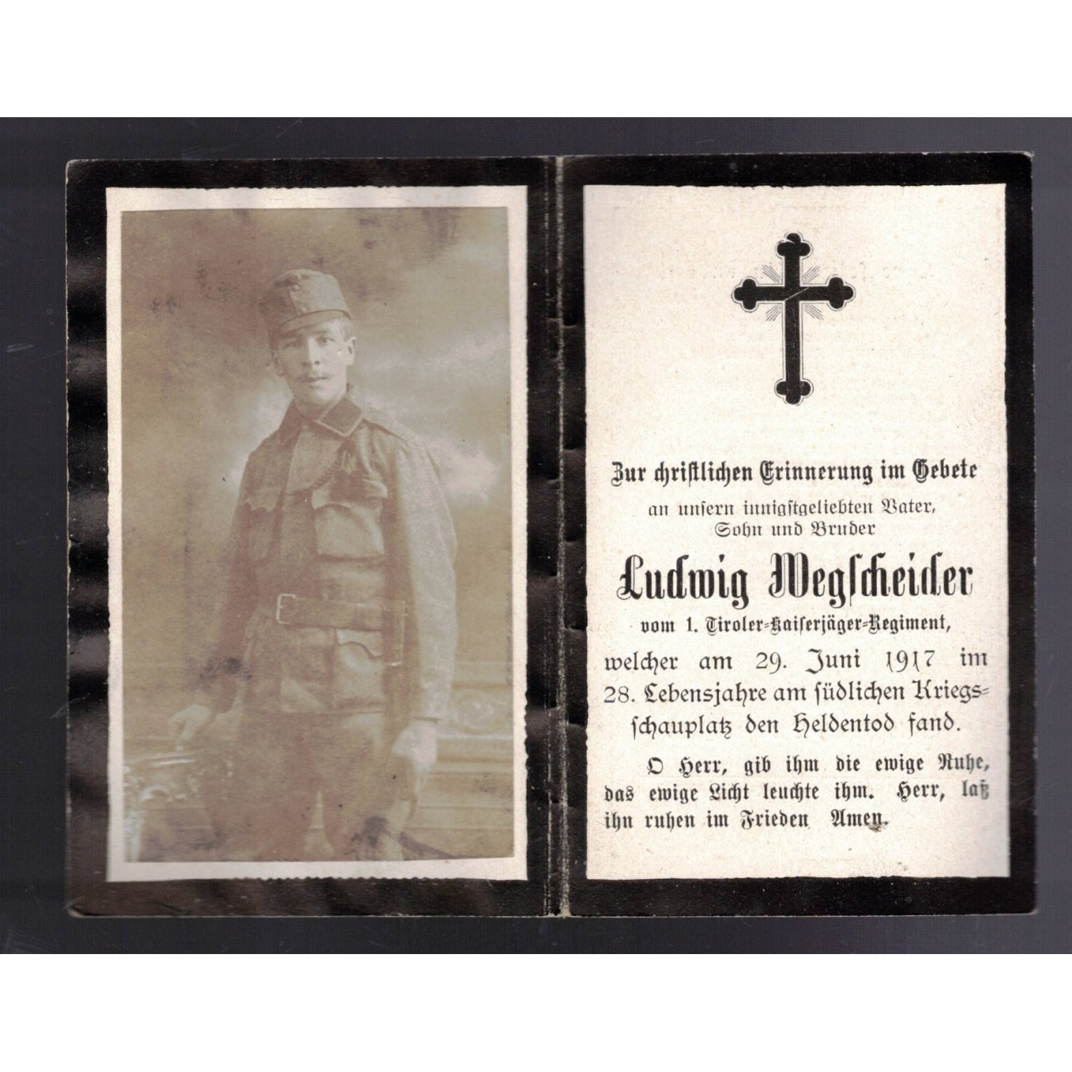 Sterbebilder luttino soldato austriaco 1° Reg. Tiroler Kaiserjager 1917