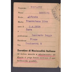 Tessera COMITATO DALMATICO Centro Assistenza Reduci Milano