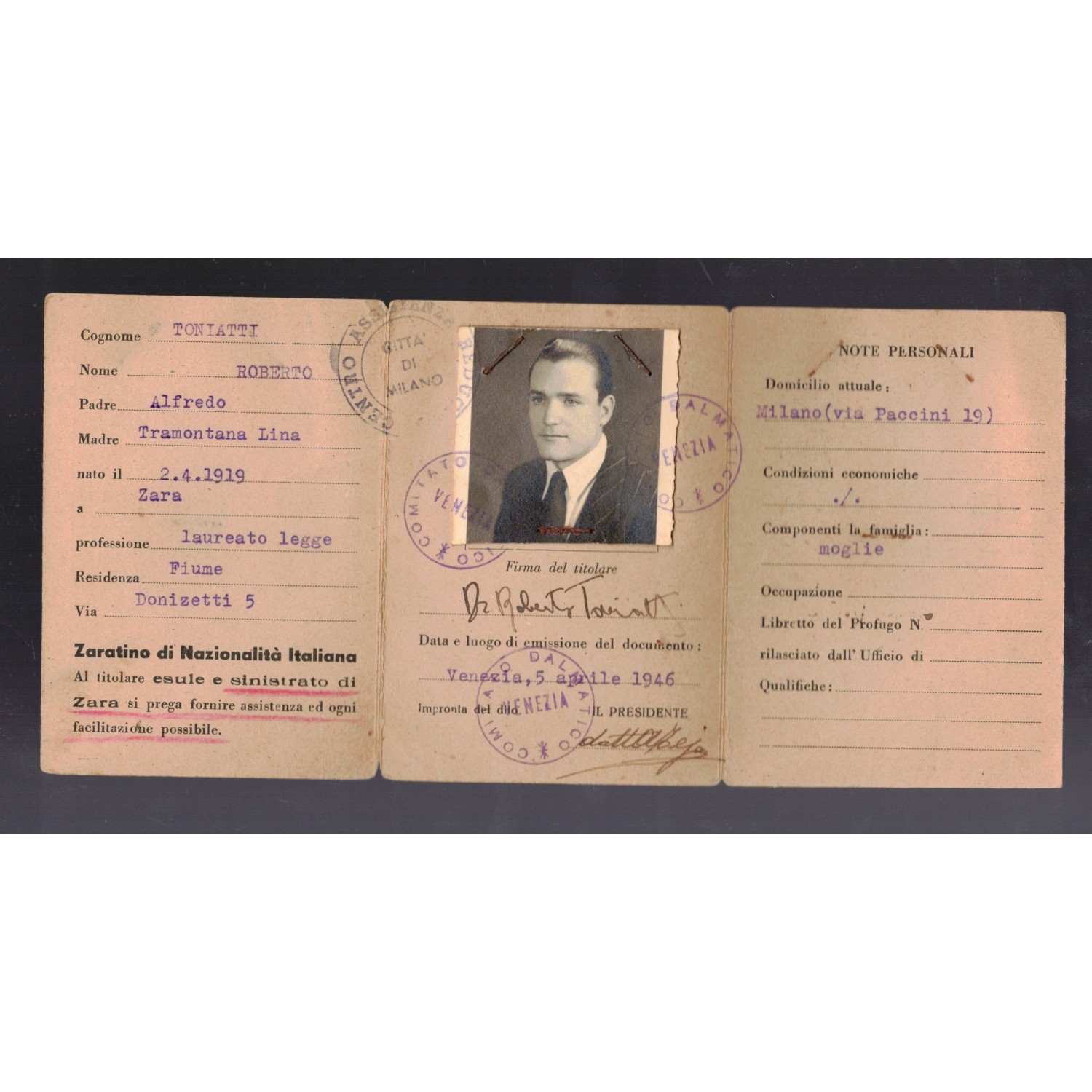 Tessera COMITATO DALMATICO Centro Assistenza Reduci Milano