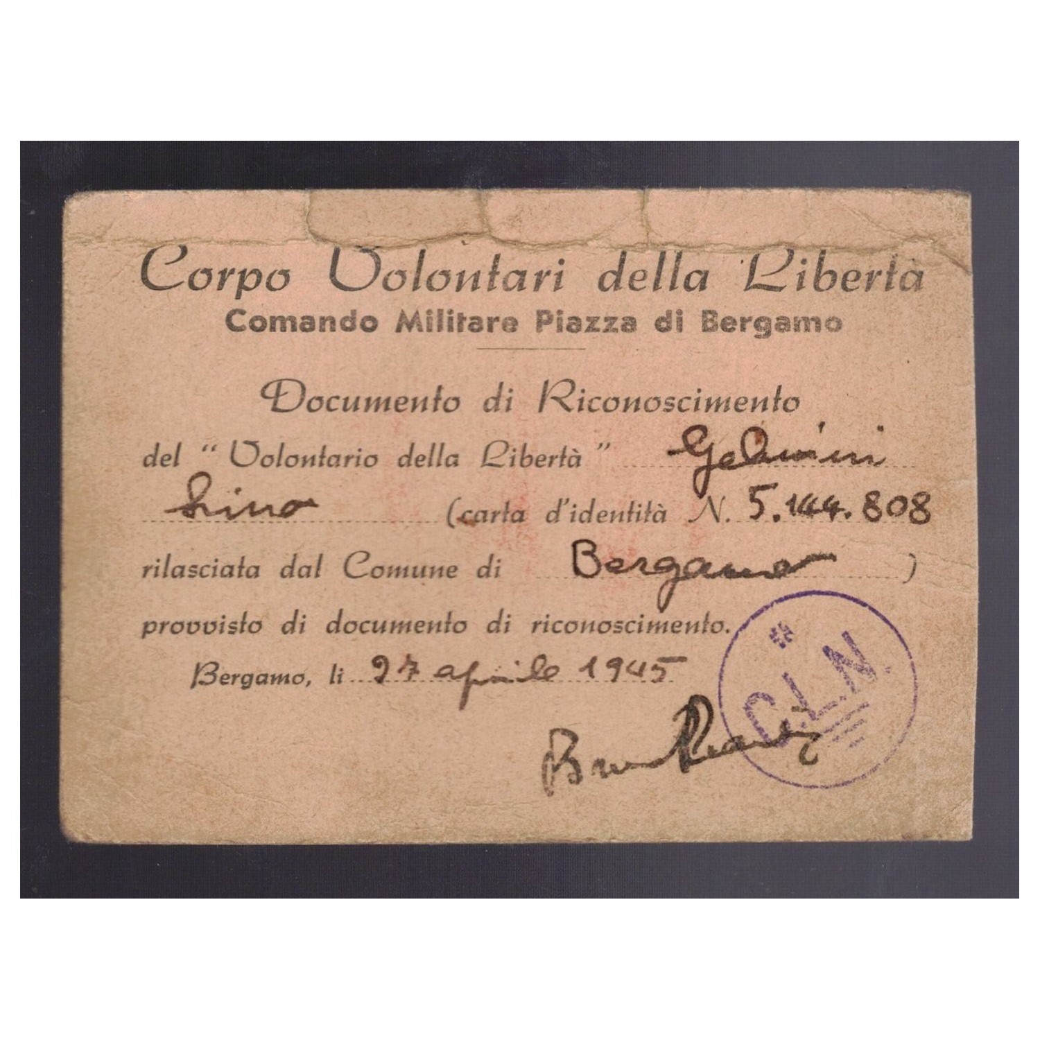 Tessera  partigiana CLN Comitato Nazionale di Liberazione  1945