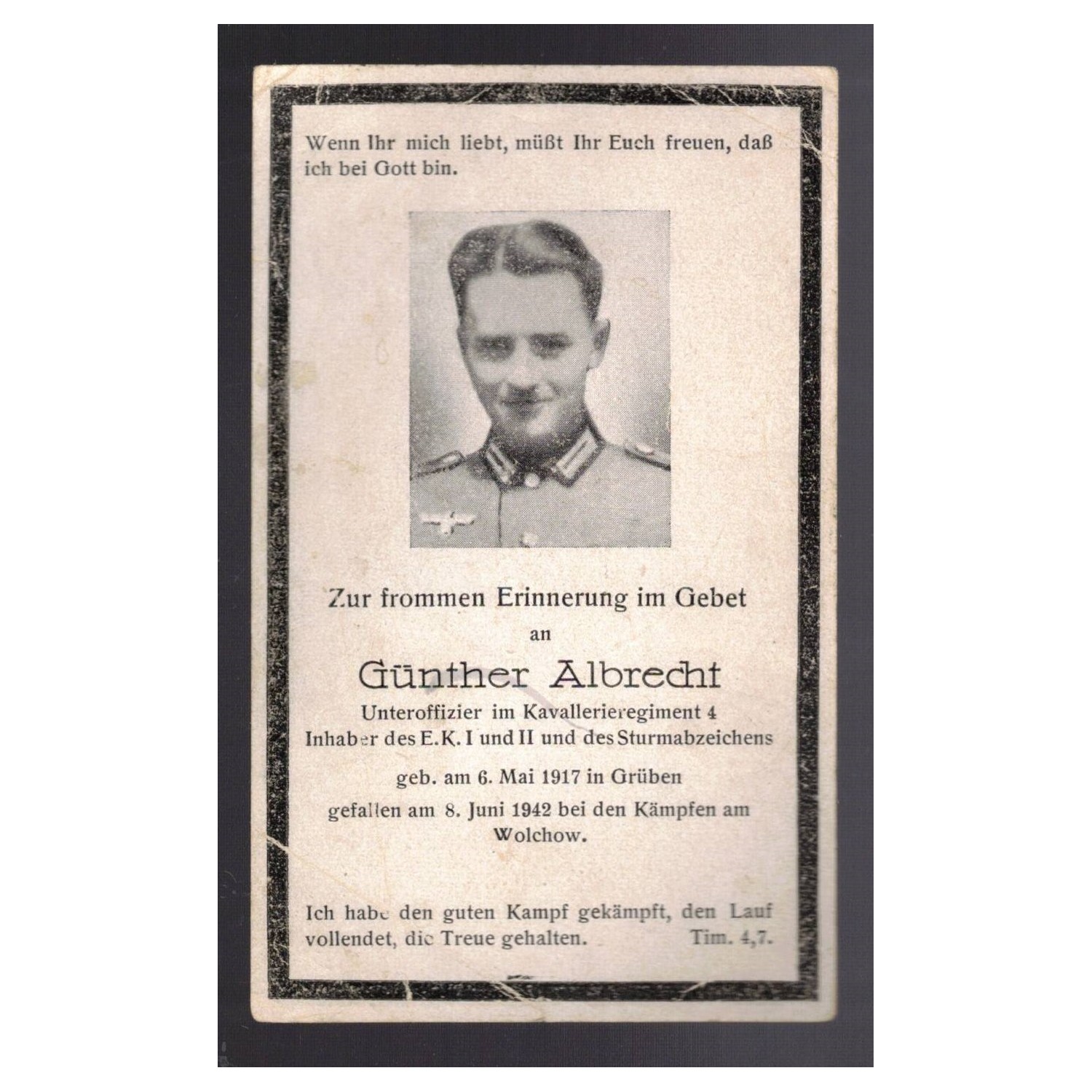 Interesting death notice of a German soldier of the 4th Cavalry Regiment fallen at Wolchow (Battle of Lyuban 1942)