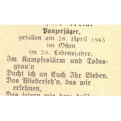Sterbebilder death notice mourning of a German Panzerjager soldier fallen on the Eastern Front on April 28, 1943