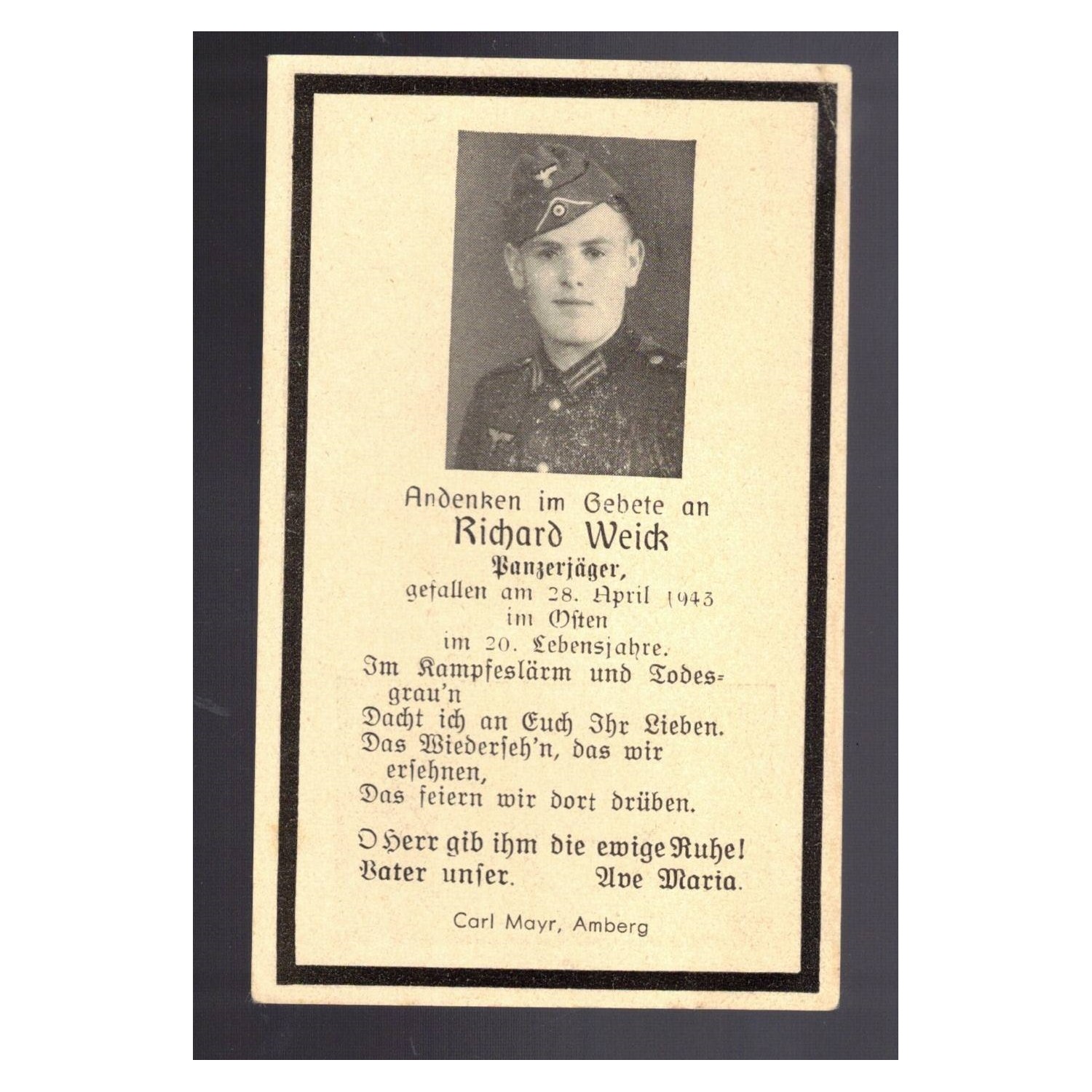 Sterbebilder death notice mourning of a German Panzerjager soldier fallen on the Eastern Front on April 28, 1943