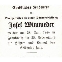 Death notice of a German tank driver, Obergefreiter, fallen in Normandy