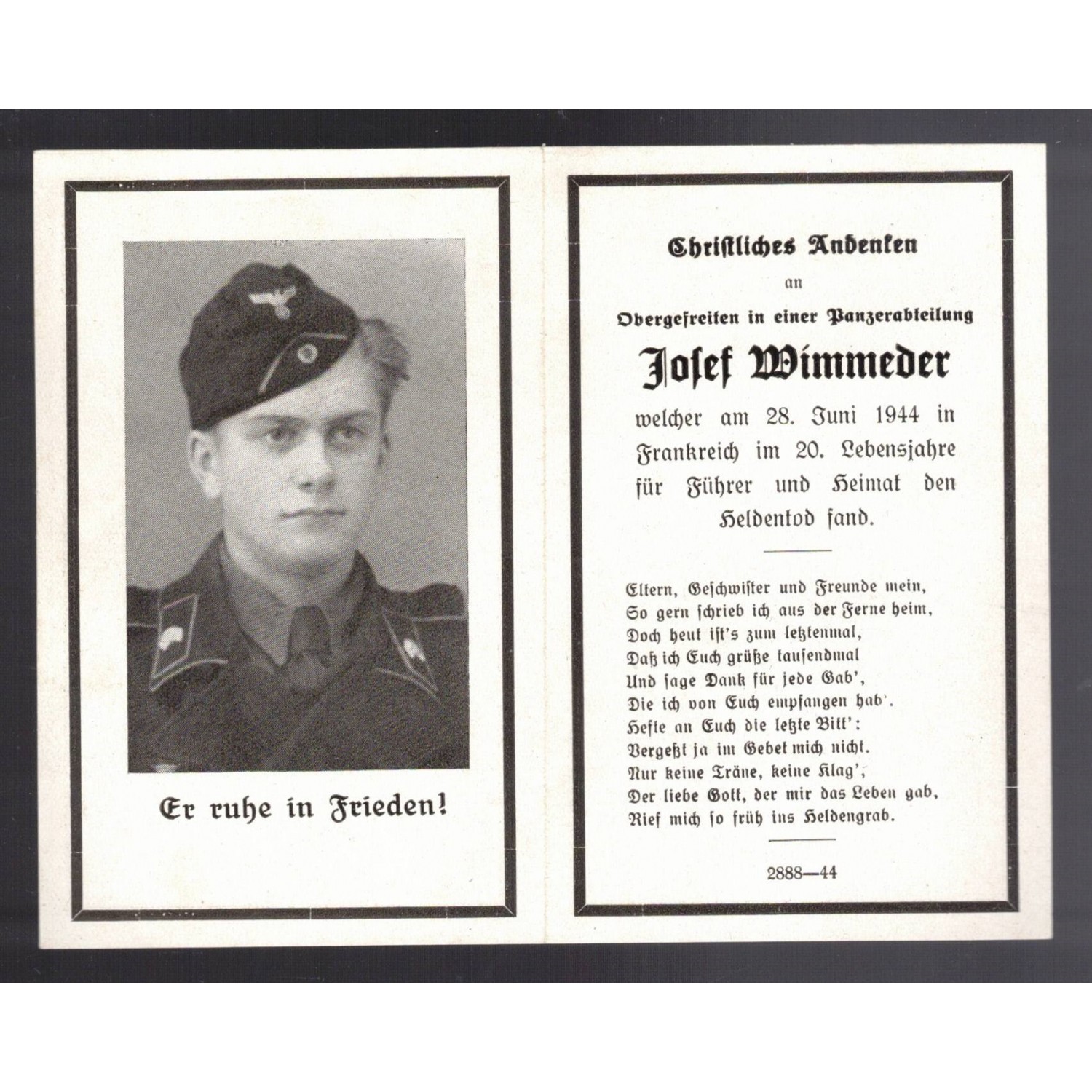 Death notice of a German tank driver, Obergefreiter, fallen in Normandy