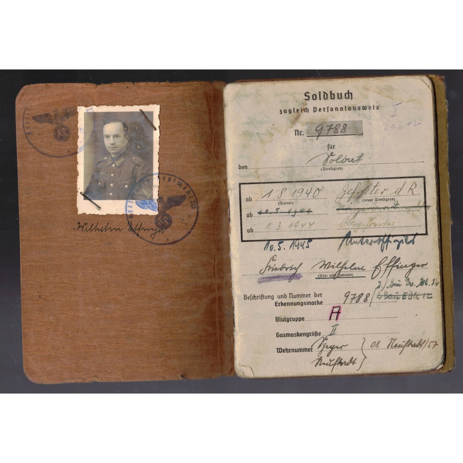 Soldbuch of an Artillery Officer W. Effinger, the soldier left as a private in 1939 in the Bau Erz Btl 12/2 Komp W. Effinger