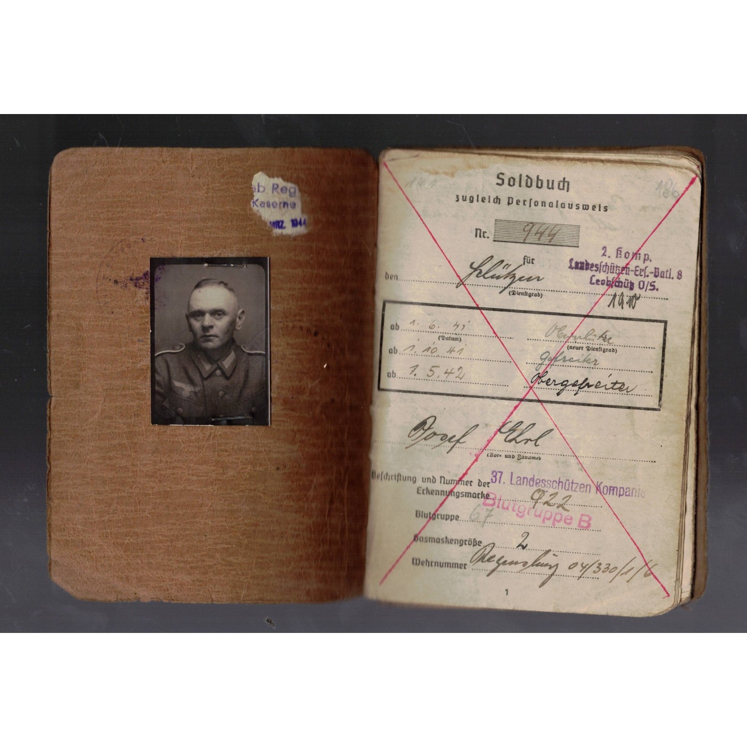 Soldbuch of an Infantry Corporal WH, Josef Ehrl, who committed suicide in 1944
