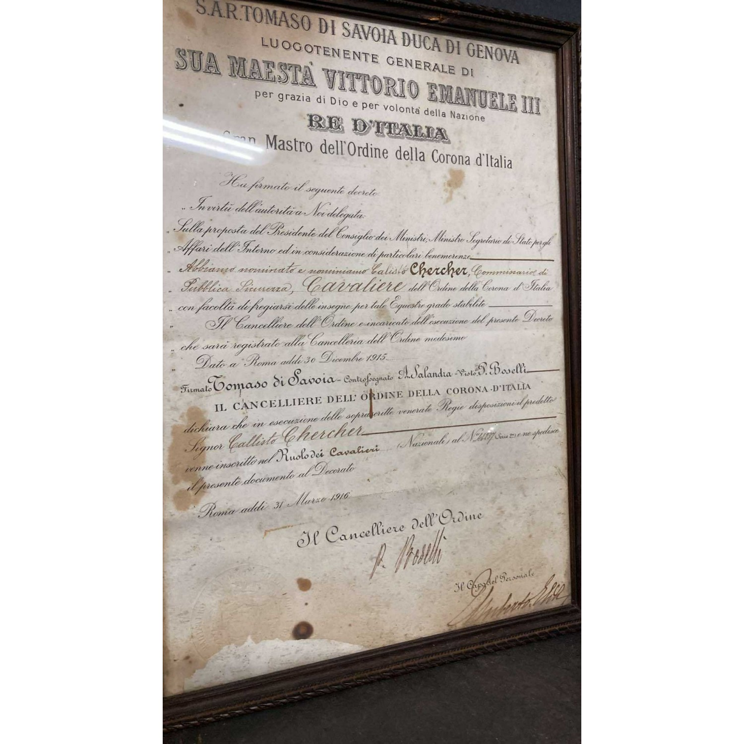 Cross and certificate Knight of the Crown of Italy Vittorio Emanuele III era