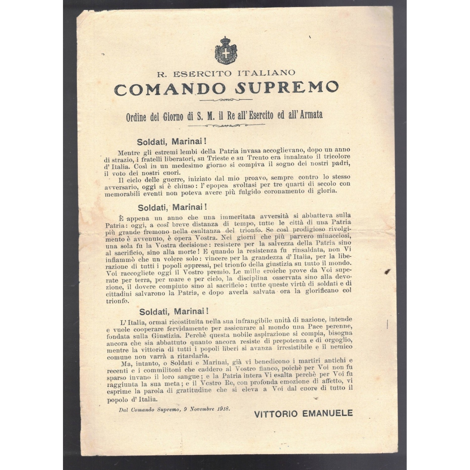 Document Royal Italian Army Order of the Day of HM the King 9 November 1918