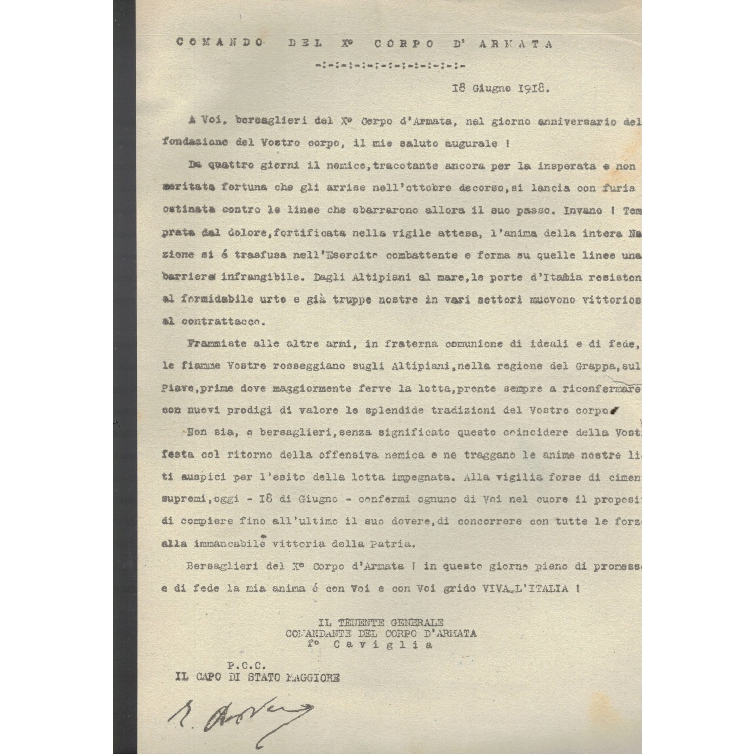 Documento Ordine del Giorno Xa Armata 18 Giugno 1918