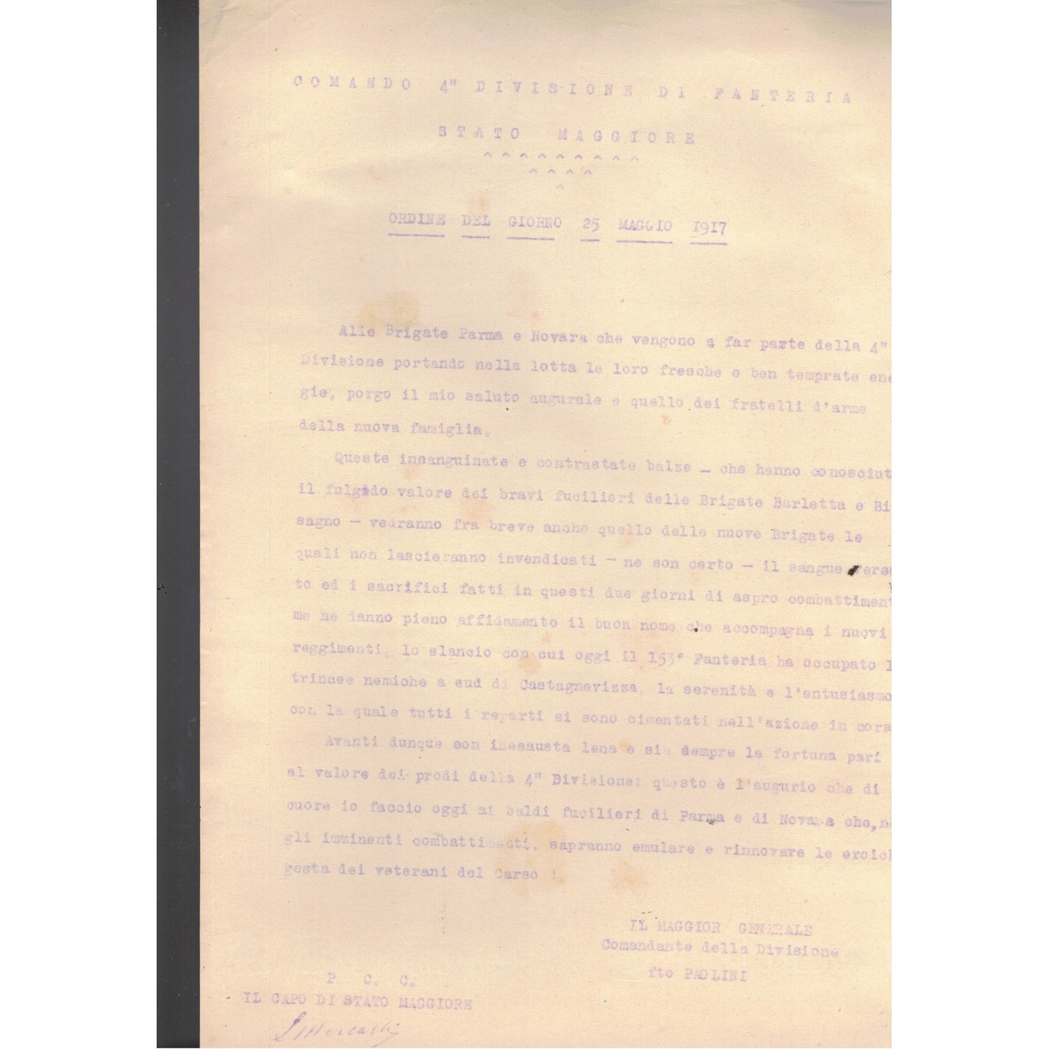 Order of the Day 4th Infantry Division 25 May 1917, signed General Paolini