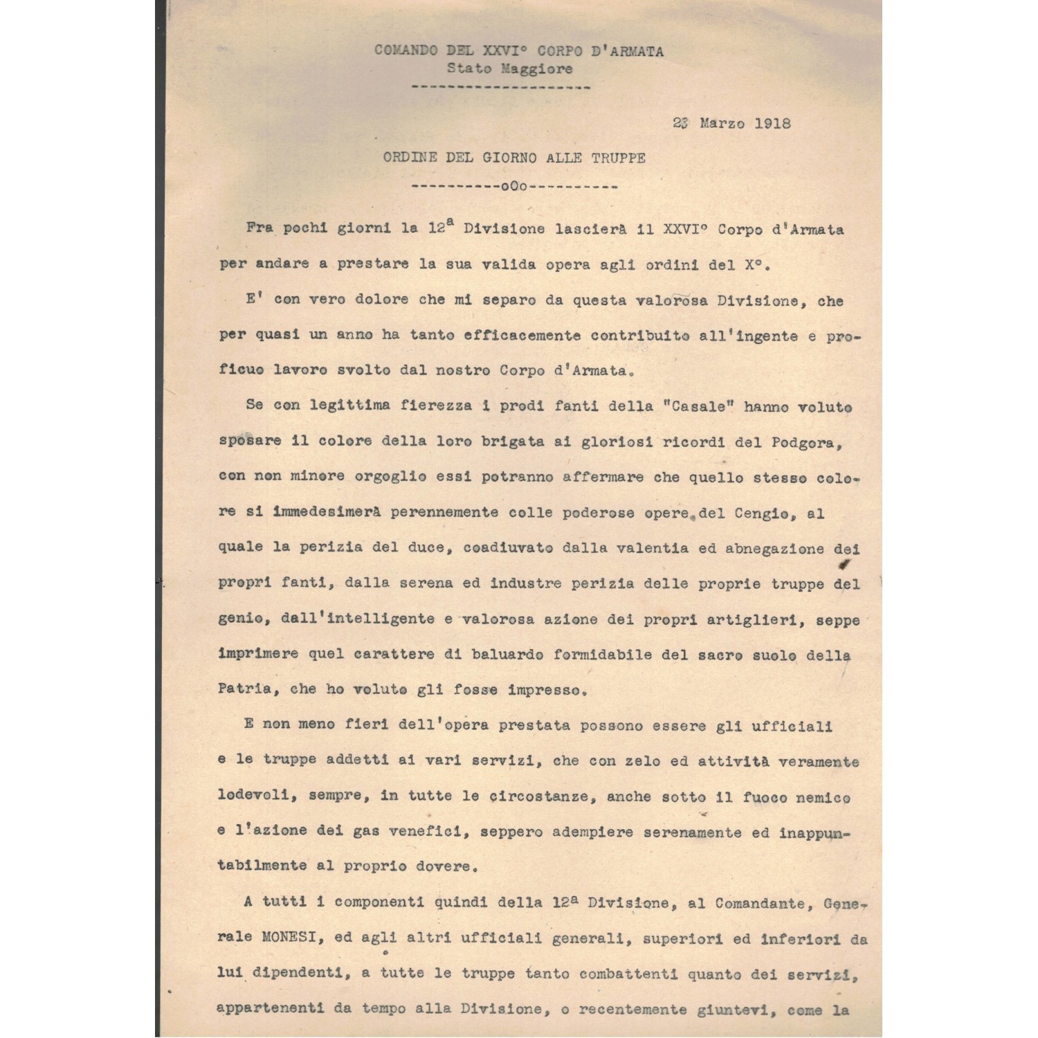 Document Order of the Day XXVI° Army Corps General Staff 23 March 1918