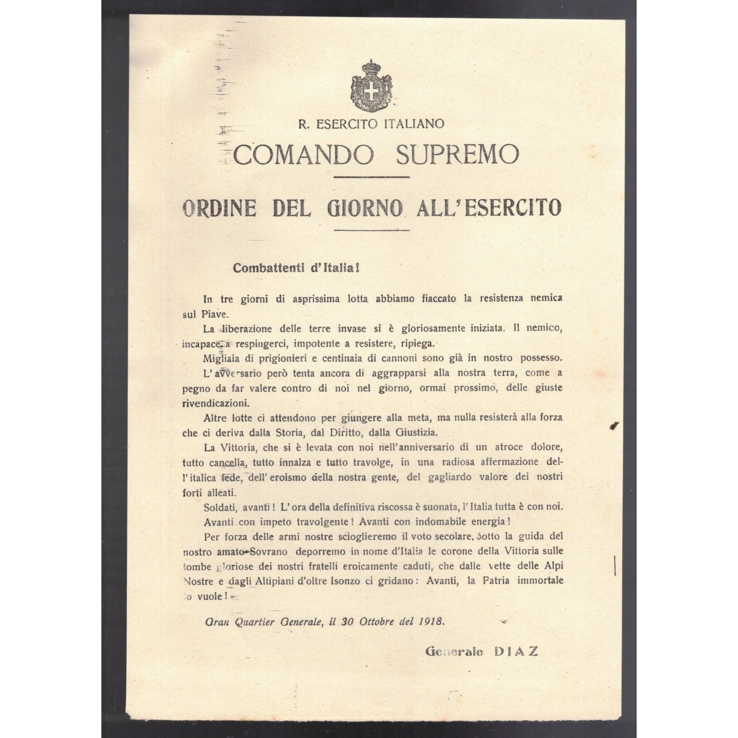 Documento Regio Esercito Ordine del Giorno 30 Ottobre 1918 Generale Diaz