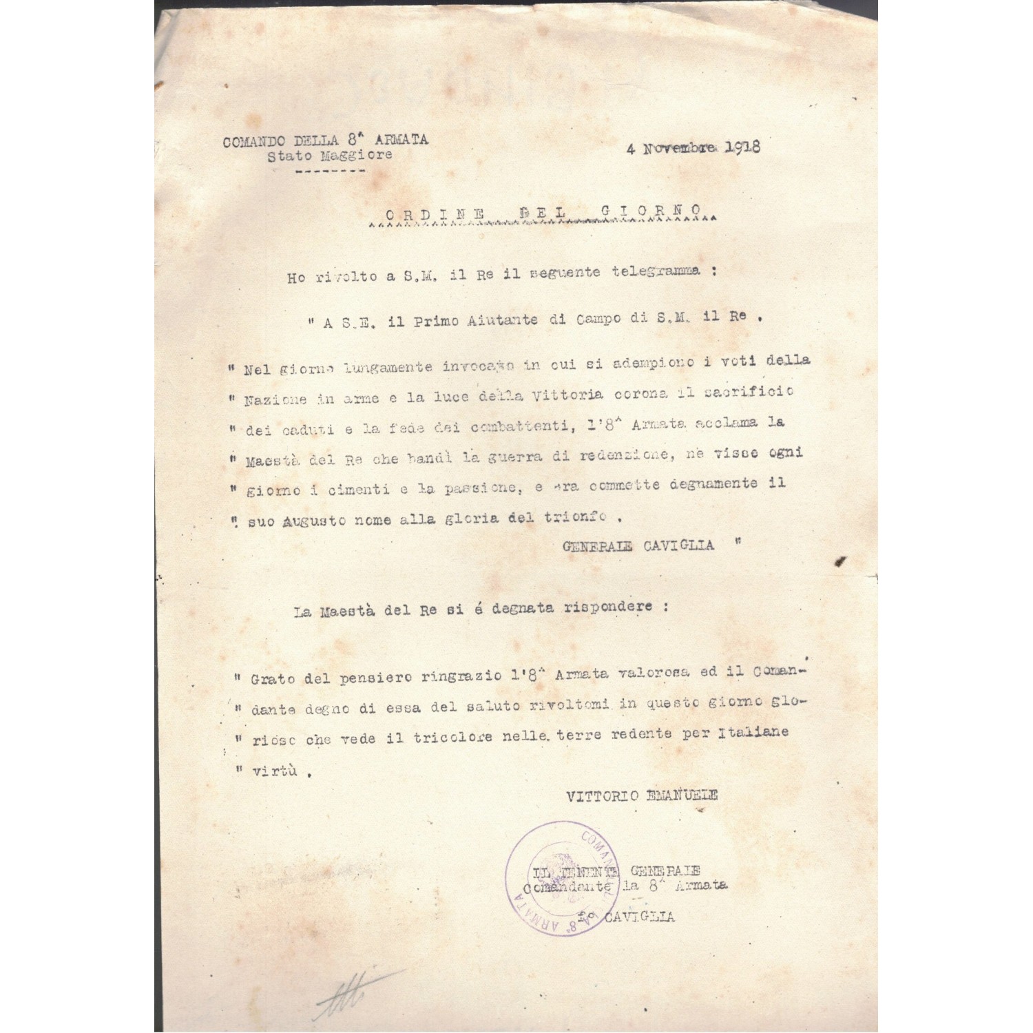 Documento Ordine del Giorno 4 Novembre 1918 Comando 8a Armata