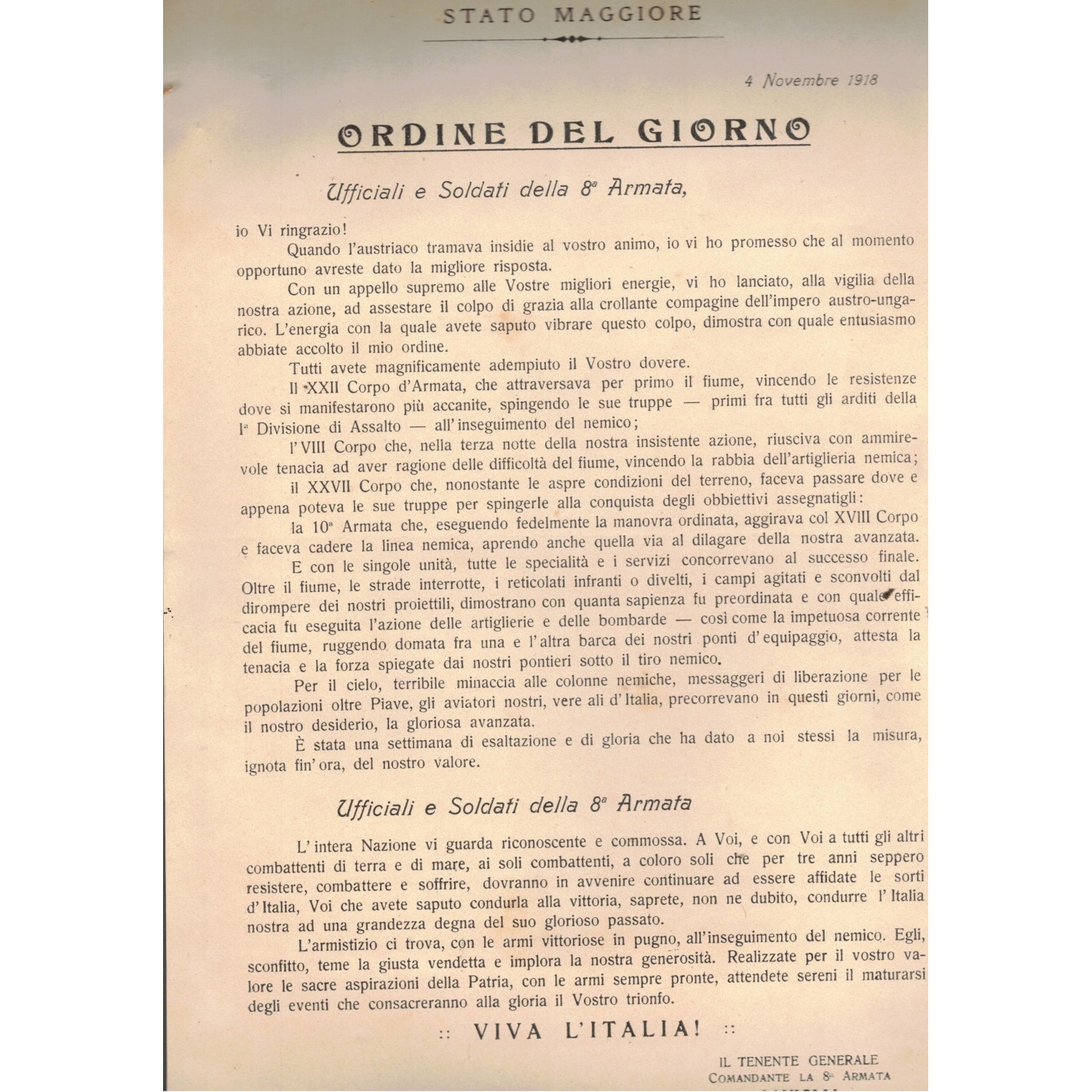 Document Order of the Day 4 November 1918 Command 8th Army, on the occasion of the end of the 1st World War