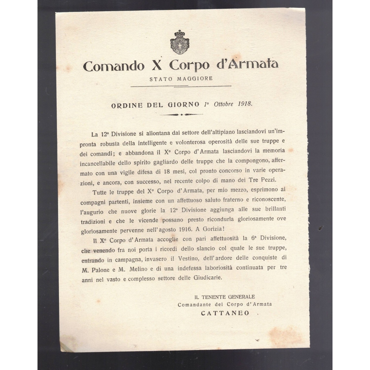 Documento Ordine del giorno 1 Ottobre 1918 Comando X° Corpo d Armata
