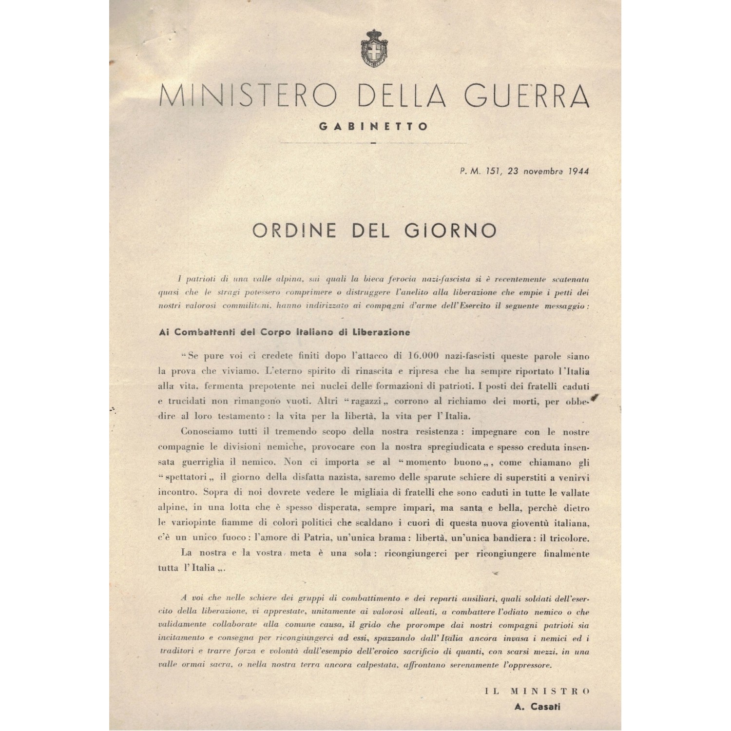 Documento Regio Esercito Ordine del giorno 23 Novembre 1944 Regno del Sud