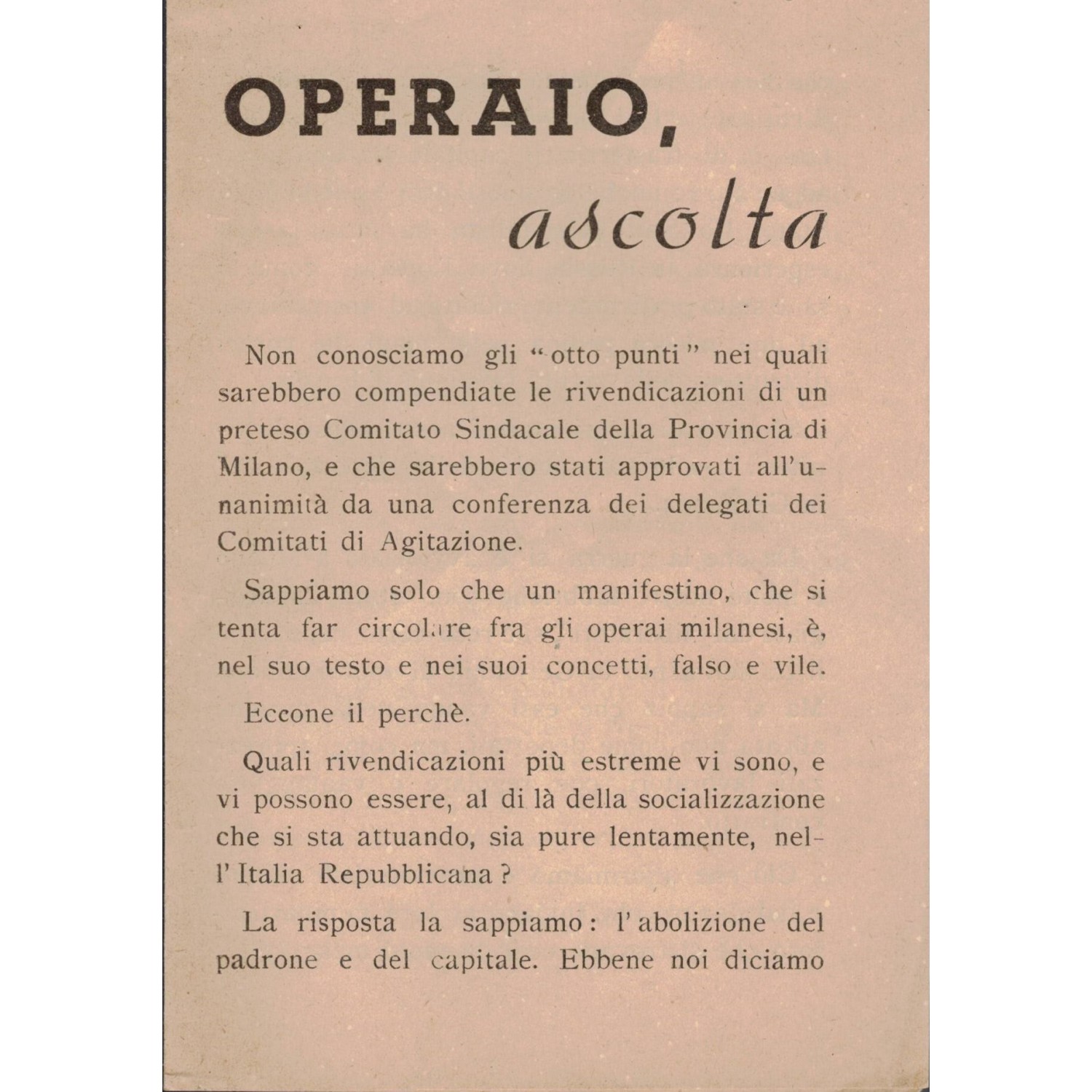 Volantino di propaganda anticomunista edito durante la Repubblica Sociale 1944