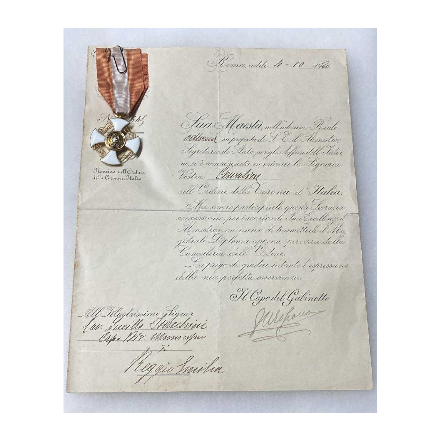 Croce da Cavaliere della Corona d Italia e lettera di accompagnamento
