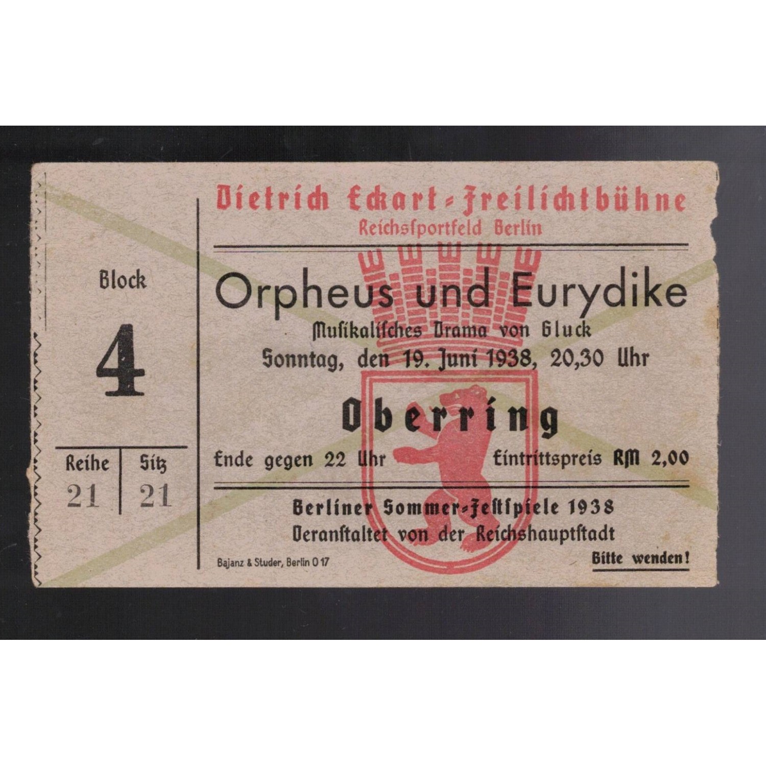 Biglietto rappresentazione teatrale Orpheus und Eurydike Berlino 1938