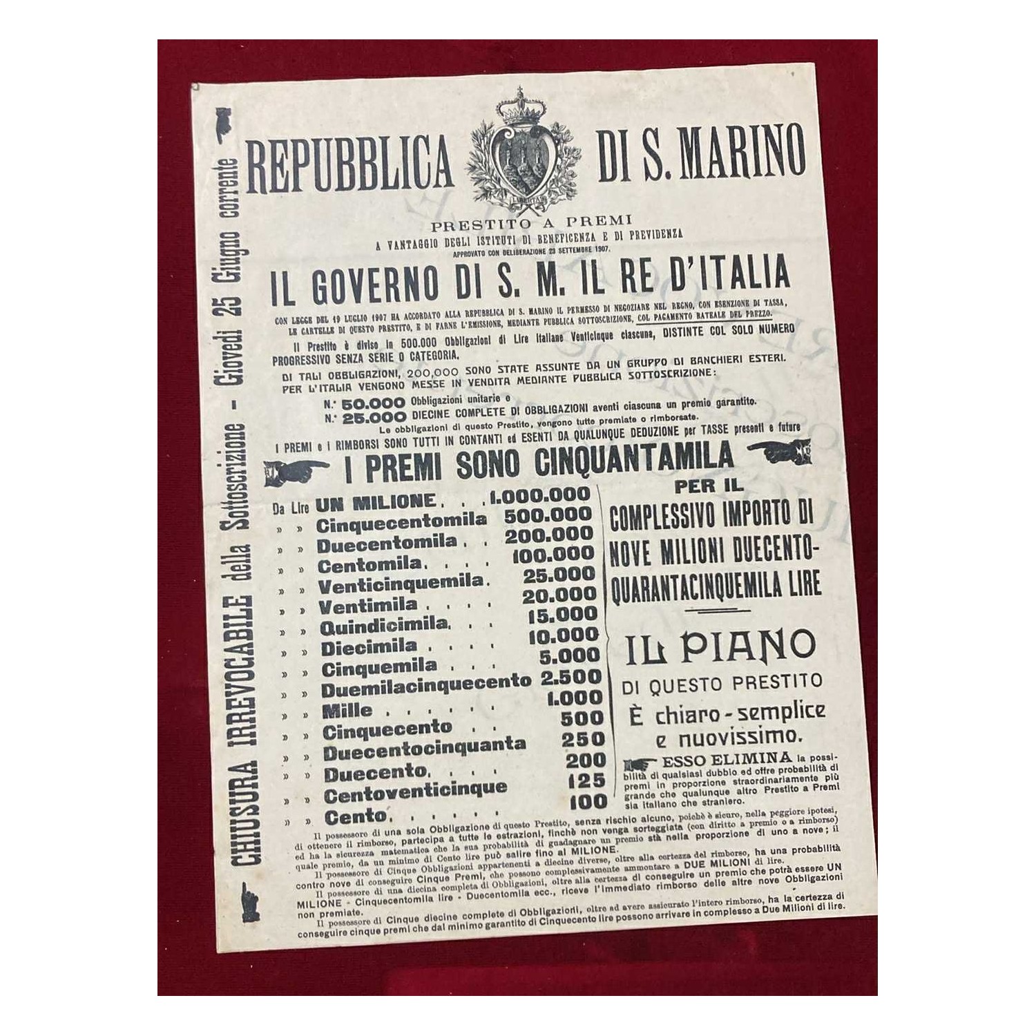 Advertising flyer for the Republic of San Marino's 1908 Loan for Prizes