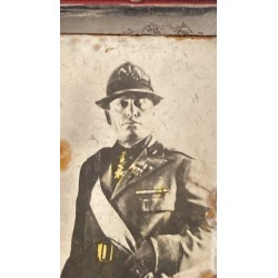 Pill box, metal cigarette case and lithographed photo of the Duce