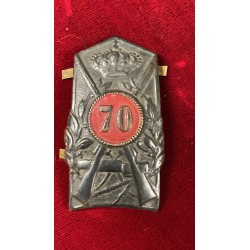 Metal plaque emblem for Adrian helmet, 1920s, 70th Infantry Regiment "ANCONA", red circle.