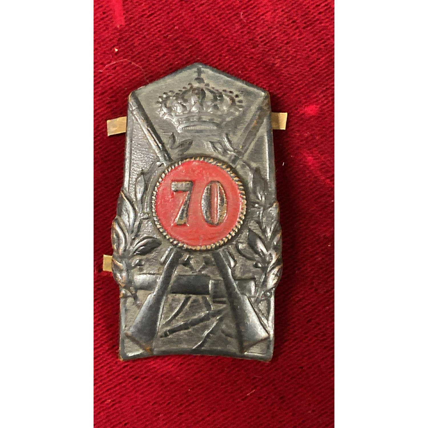 Metal plaque emblem for Adrian helmet, 1920s, 70th Infantry Regiment "ANCONA", red circle.