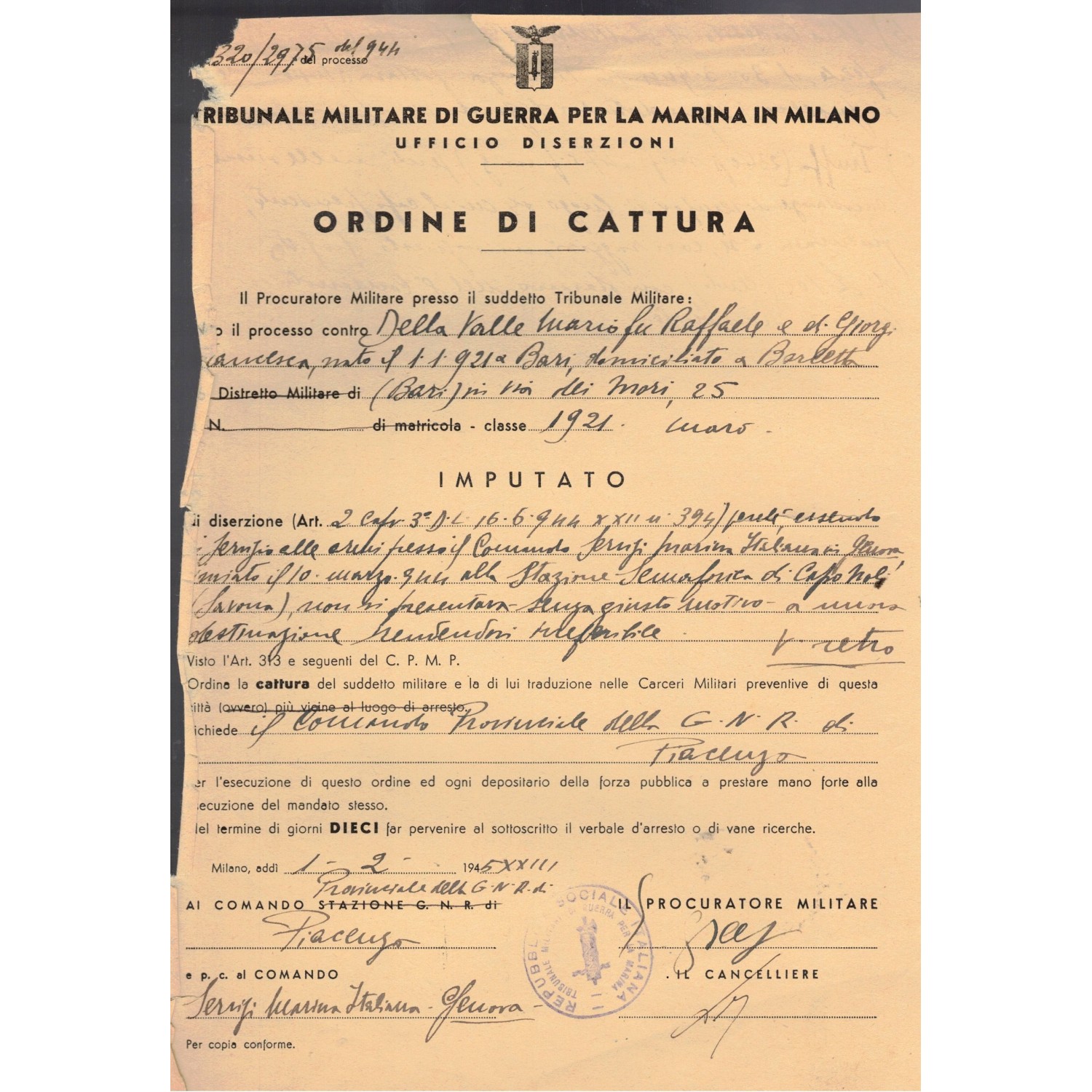 Document Command Services Republican Navy Order of arrest for desertion