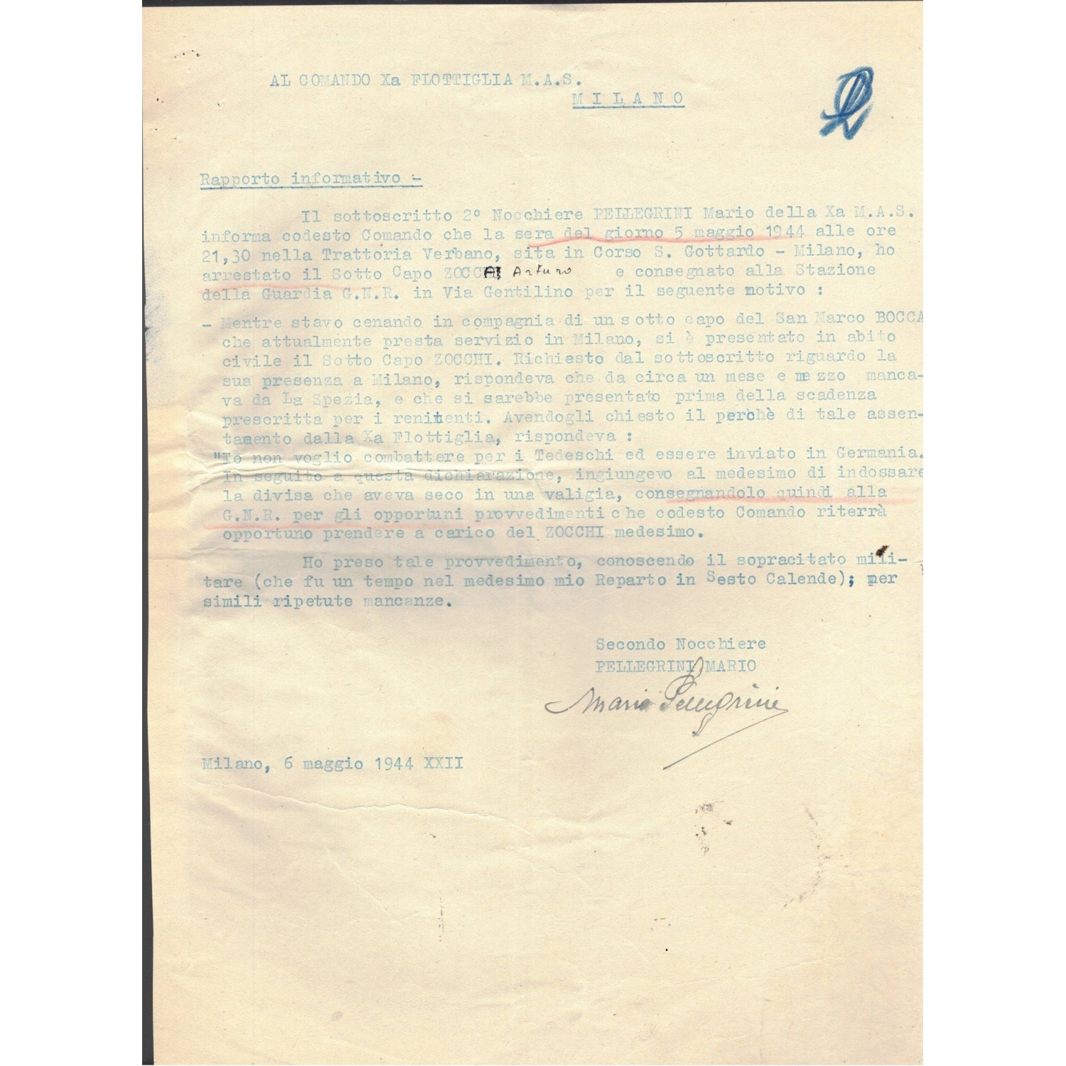 Documento Decima Flottiglia MAS denuncia di diserzione di un Maro della Decima