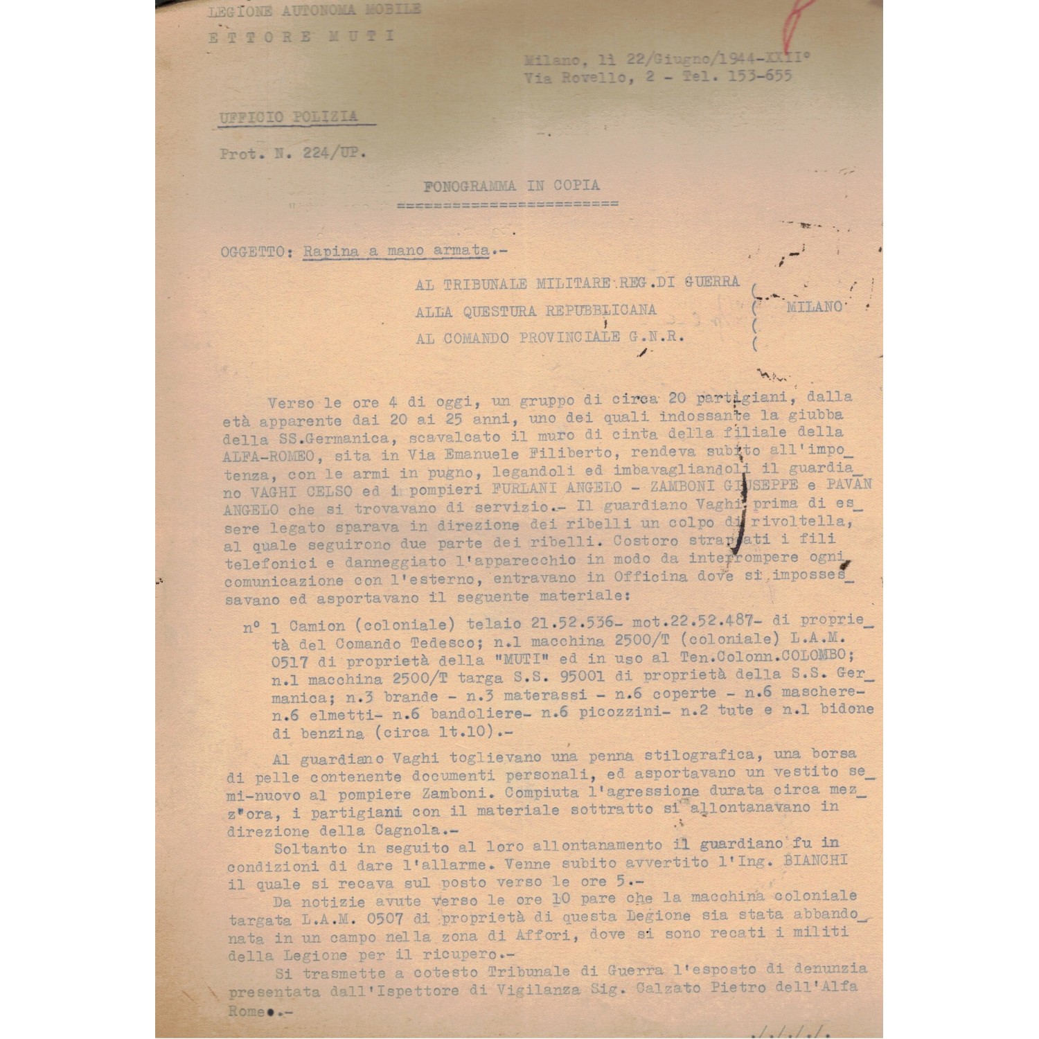 Black Brigade ETTORE MUTI document Phonogram for armed robbery