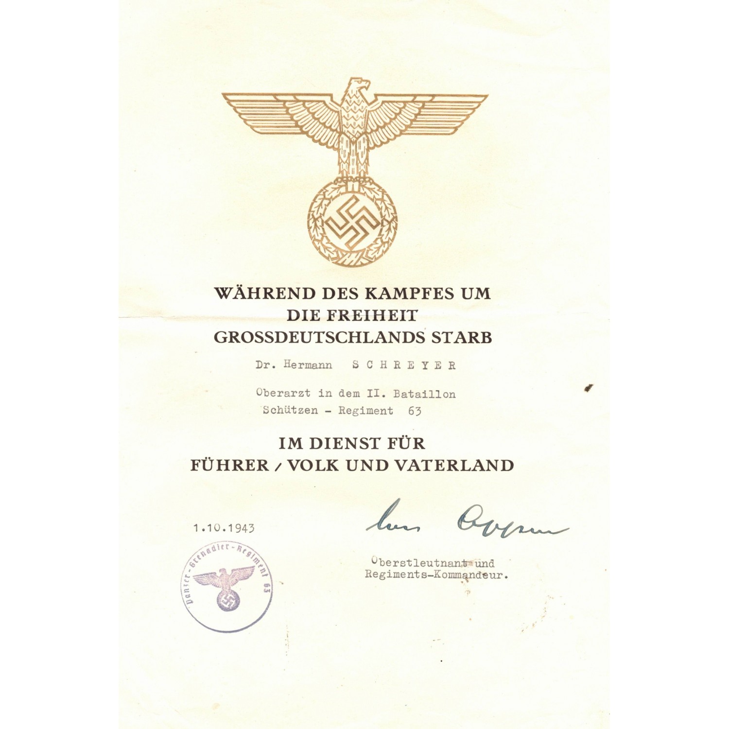 A very interesting lot of documents belonging to a German medical officer, Hermann Schreyer