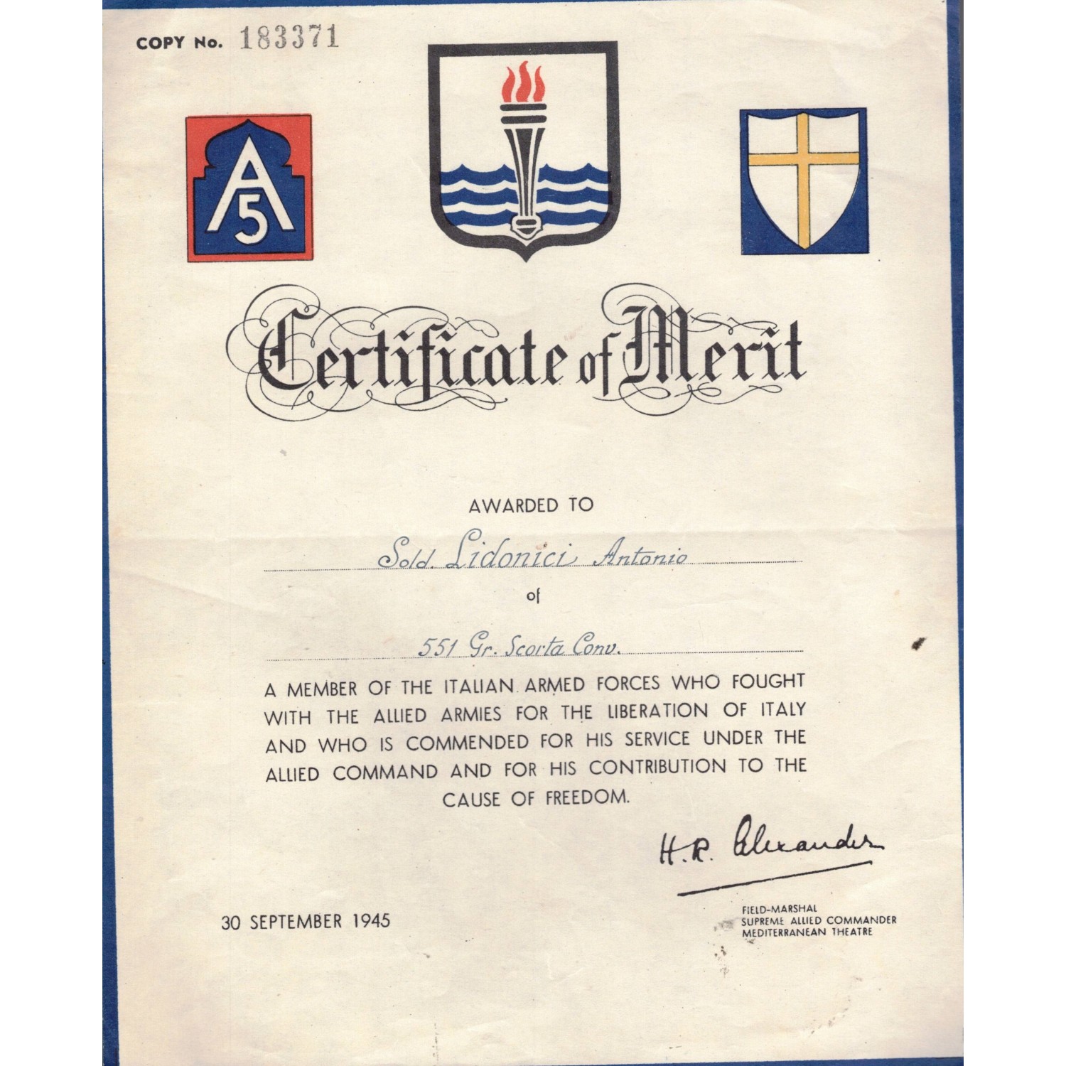 Certificate of Merit for Service in the Kingdom of the South