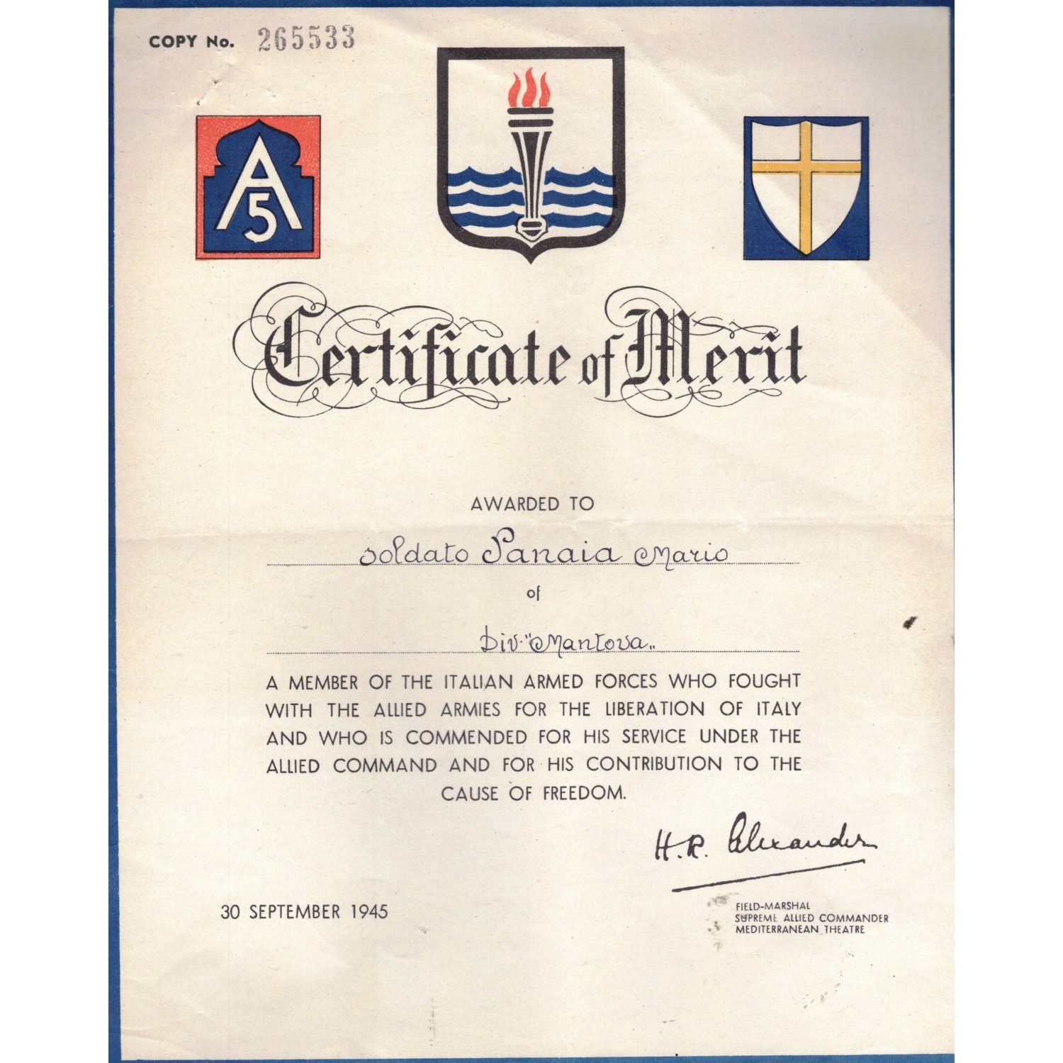 Certificate of Merit Certificato al Merito di  Servizio Regno del Sud