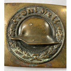 Originale Stahlhelmbund-Koppelschnalle „Front Heil“, zweiteilig aus Messing