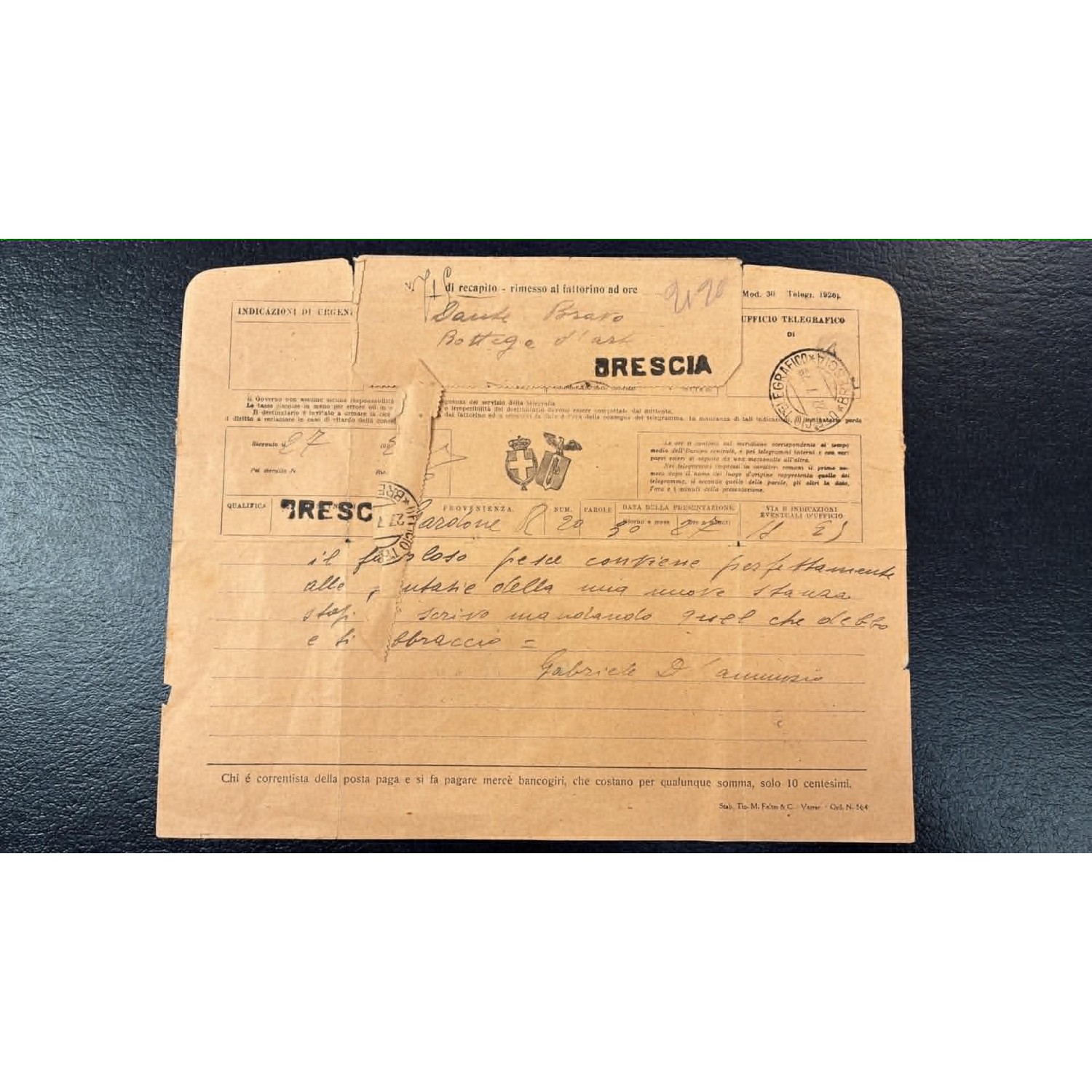 Interessantes Dokument, ein Telegramm von Gabriele d'Annunzio an seinen vertrauten Fotografen Dante Bravo