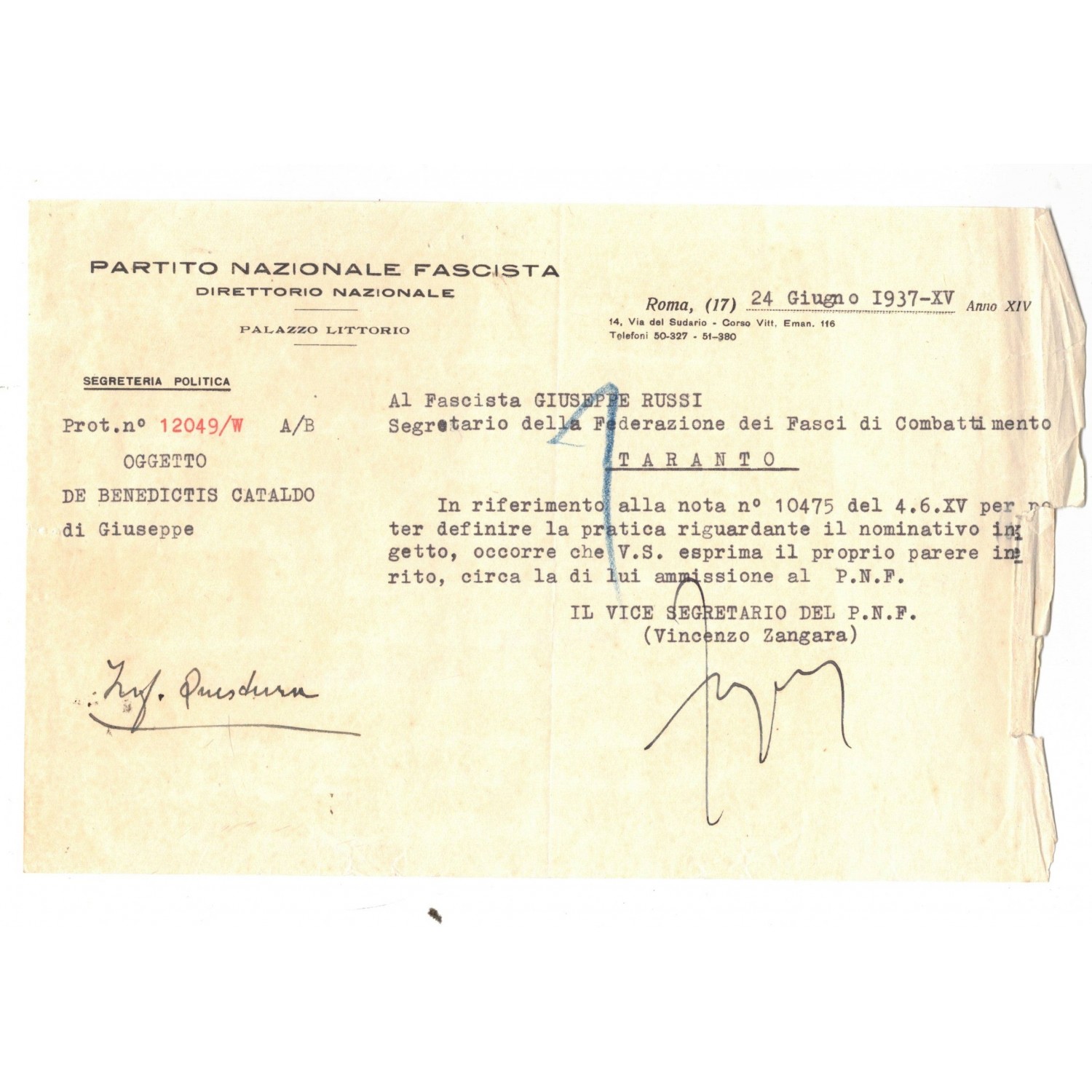 Documento Direttorio Partito Nazionale Fascista Vincenzo Zangara