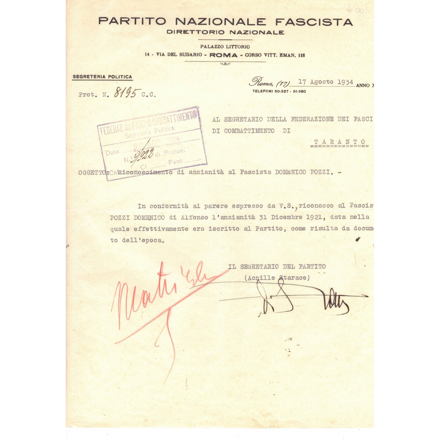 Autografo in originale di Achille Starace