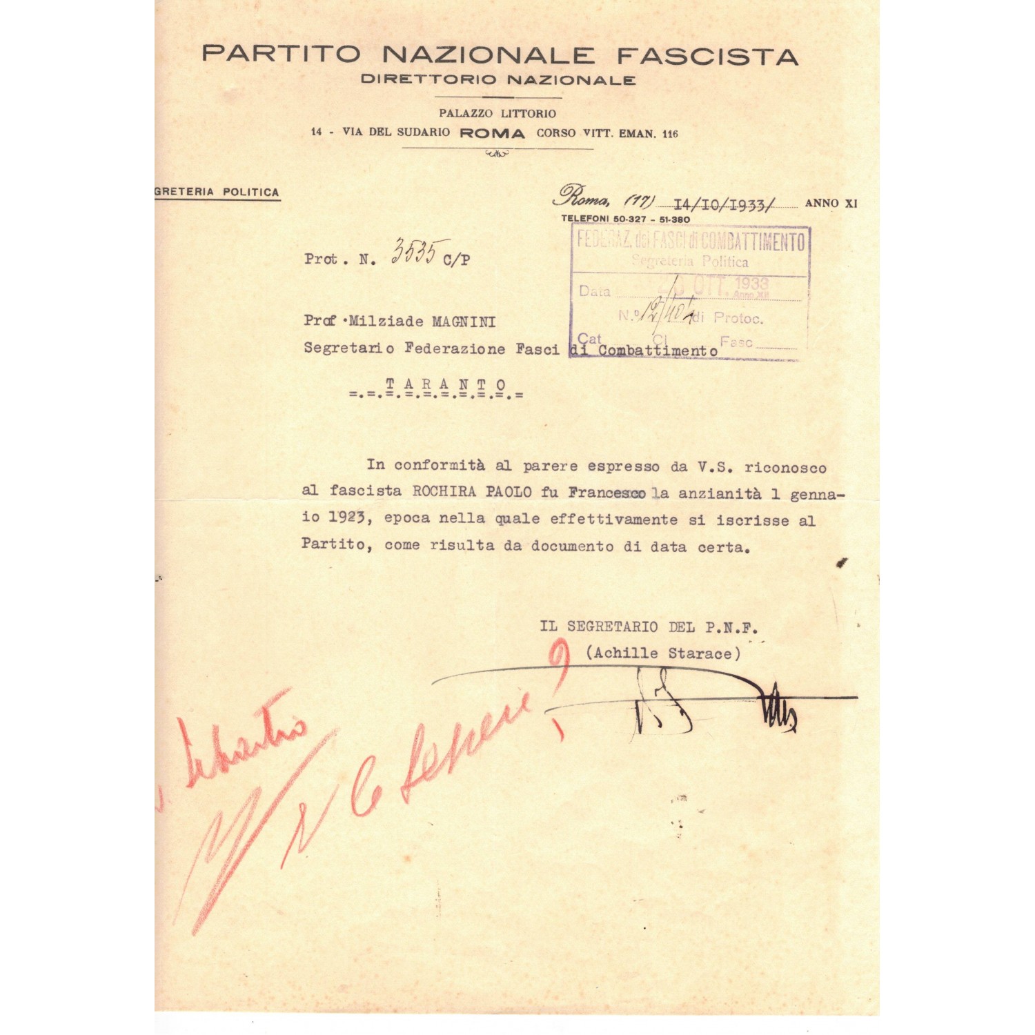 Originalautogramm von Achille Starace