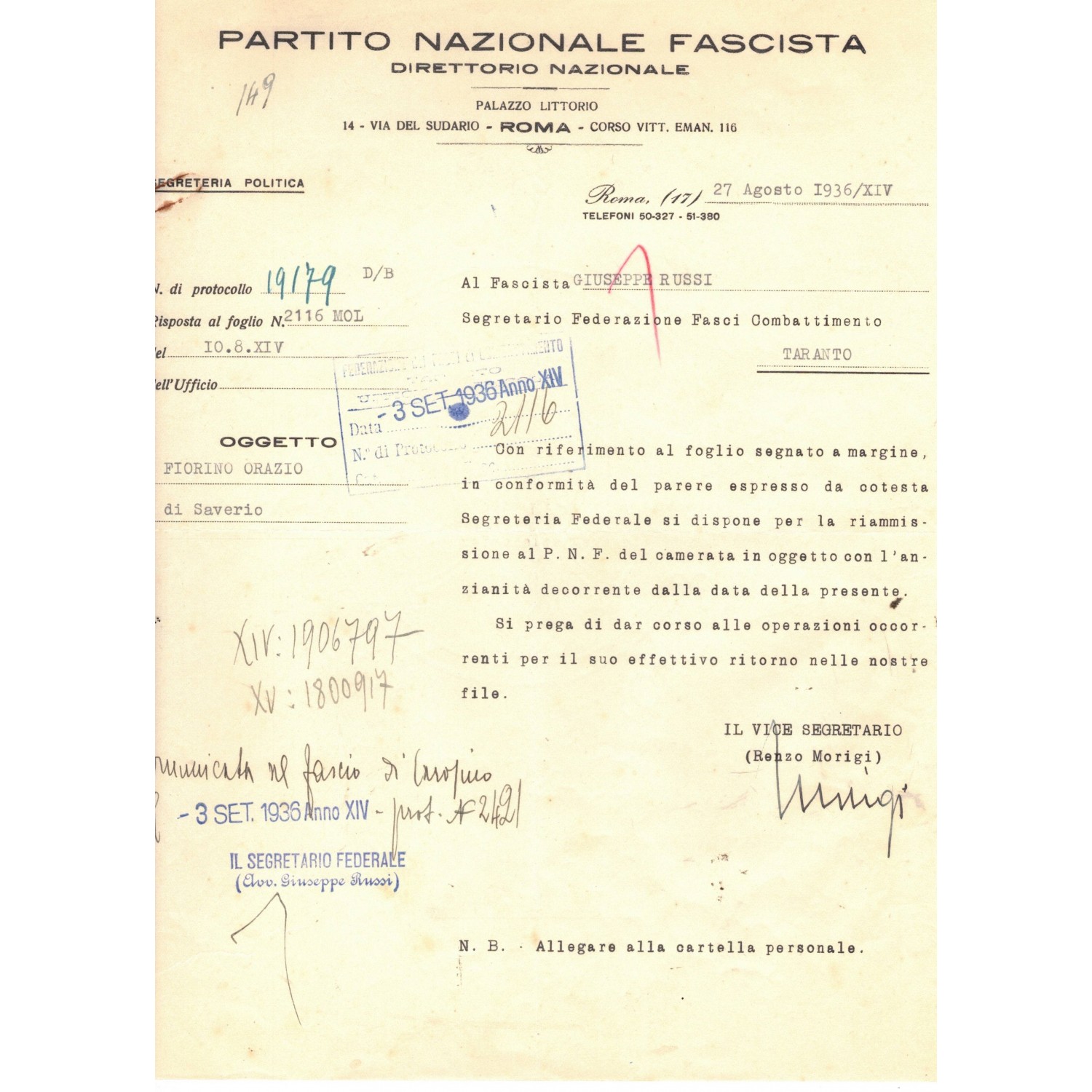 Autografo in originale di Renzo Morigi