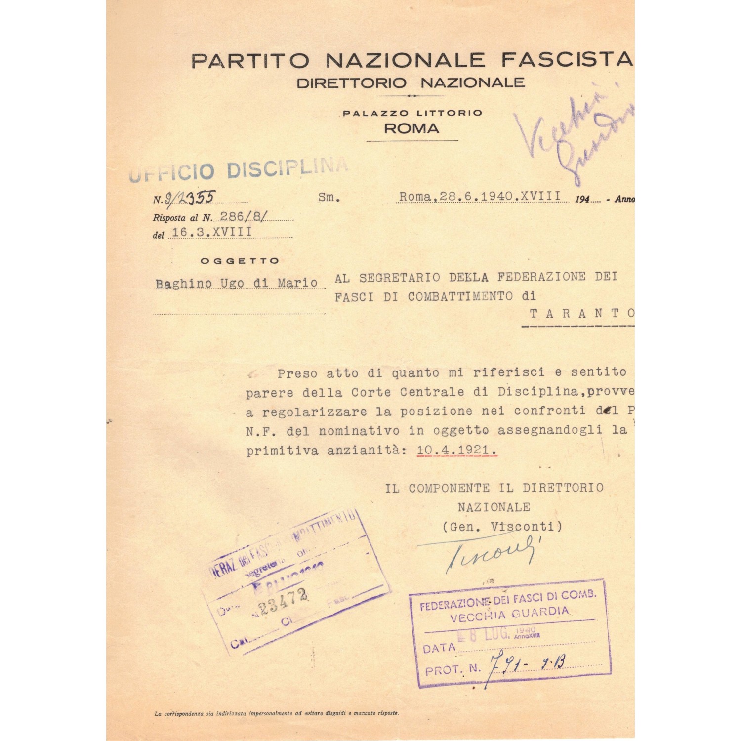 Originalunterschrift von General 
Sebastiano Visconti Prasca