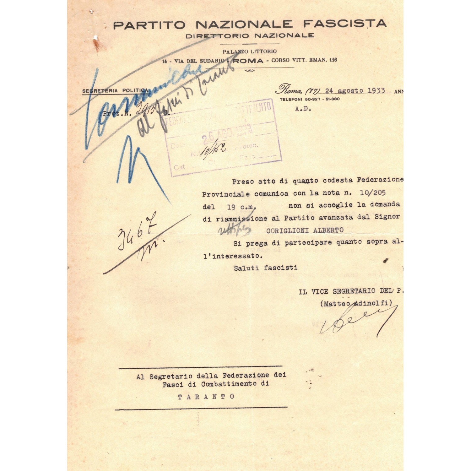 Original autograph of Matteo Adinolfi, Deputy Secretary of the National Fascist Party