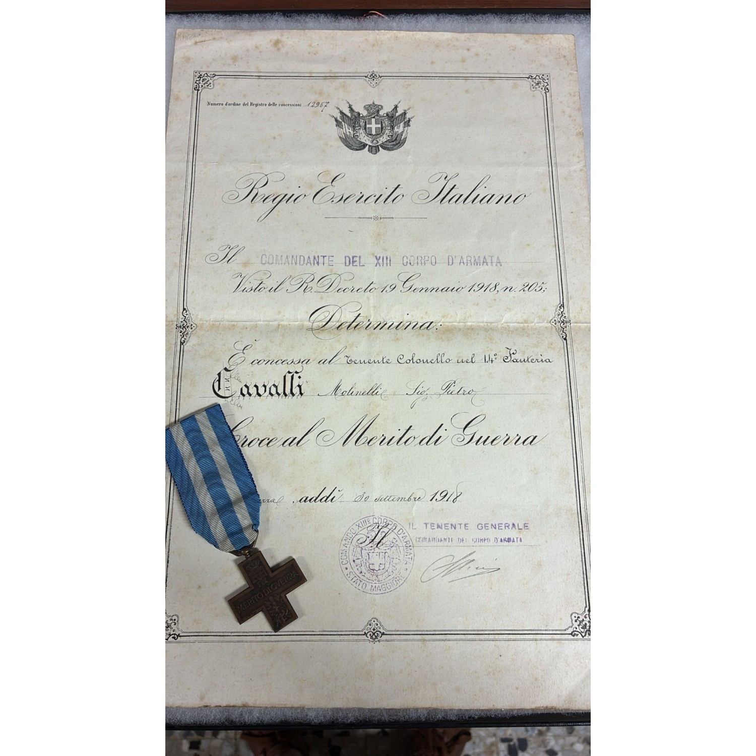 Medaglia Croce al merito con attestato Pietro Cavalli Molinelli